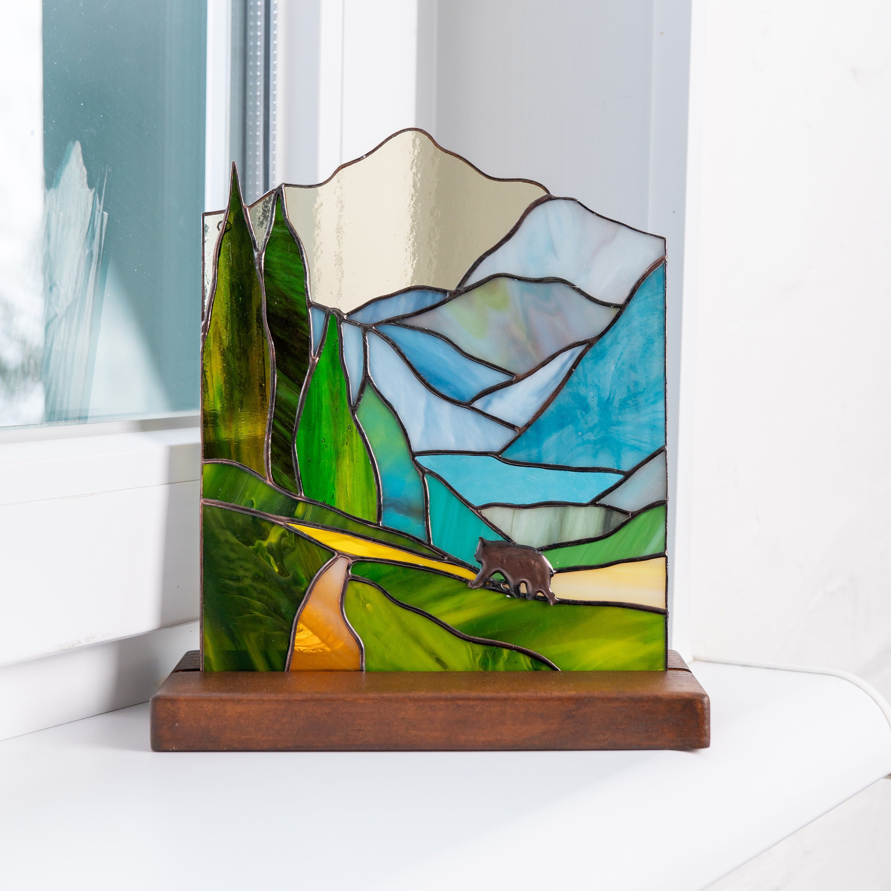 Custom stained glass art Grandparent gifts Art nouveau stained glass desk decor for women Glacier national park stained glass panel