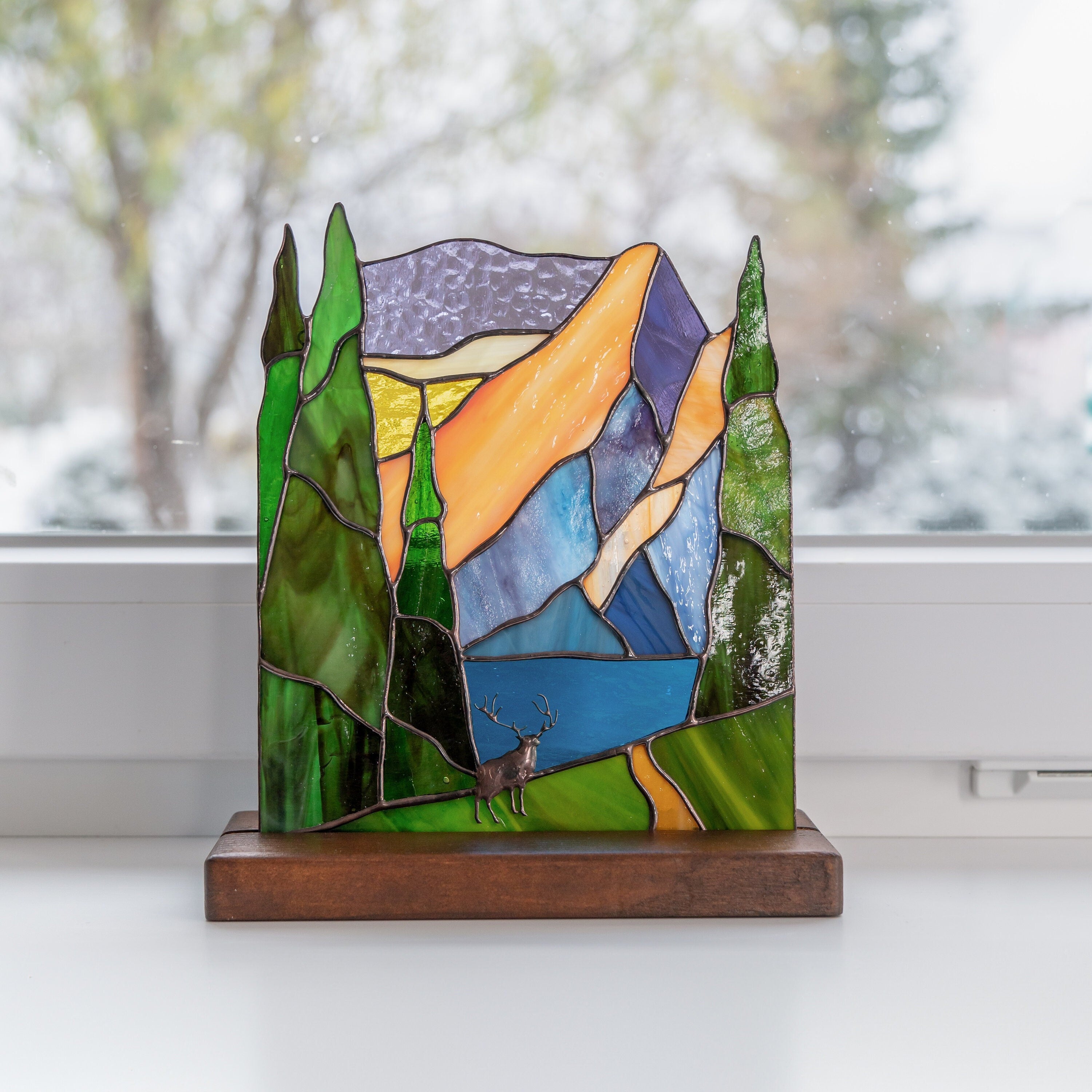 Grand Teton national park stained glass panel Grandparent gifts Desk accessories for men Custom stained glass mountain Grandma gifts