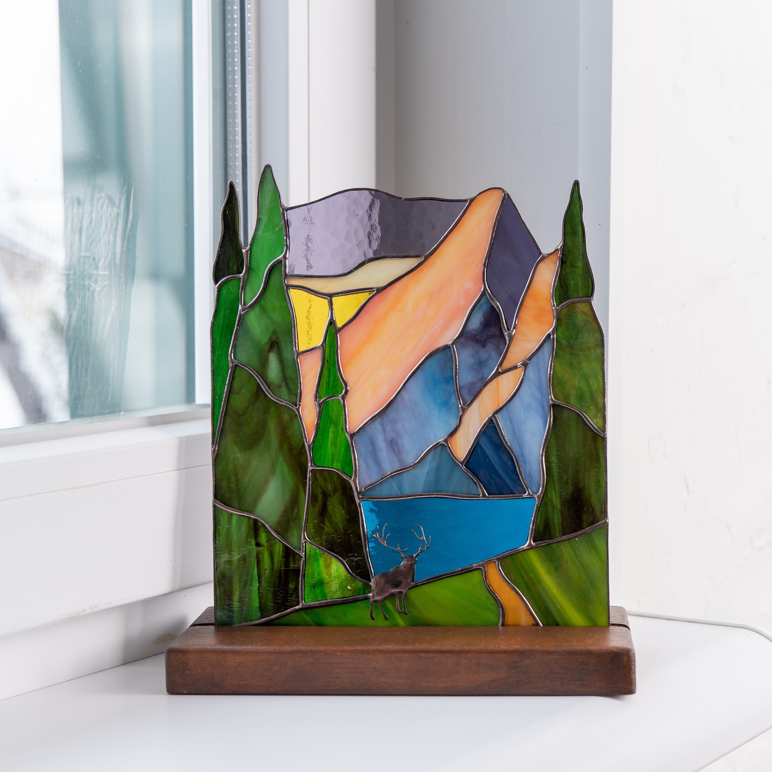 Grand Teton national park stained glass panel Grandparent gifts Desk accessories for men Custom stained glass mountain Grandma gifts
