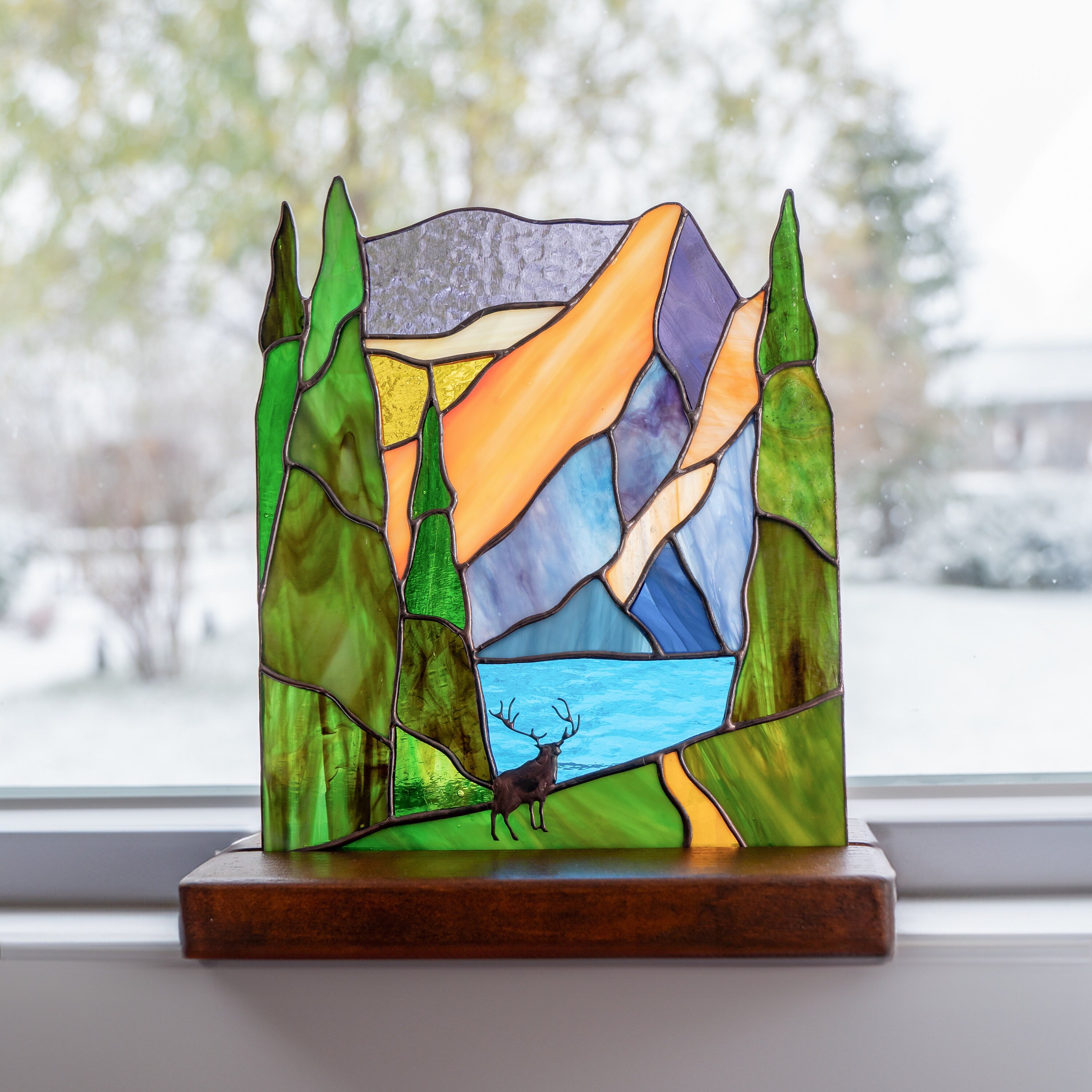 Grand Teton national park stained glass panel Grandparent gifts Desk accessories for men Custom stained glass mountain Grandma gifts