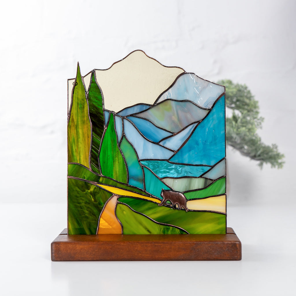 Custom stained glass art Grandparent gifts Art nouveau stained glass desk decor for women Glacier national park stained glass panel