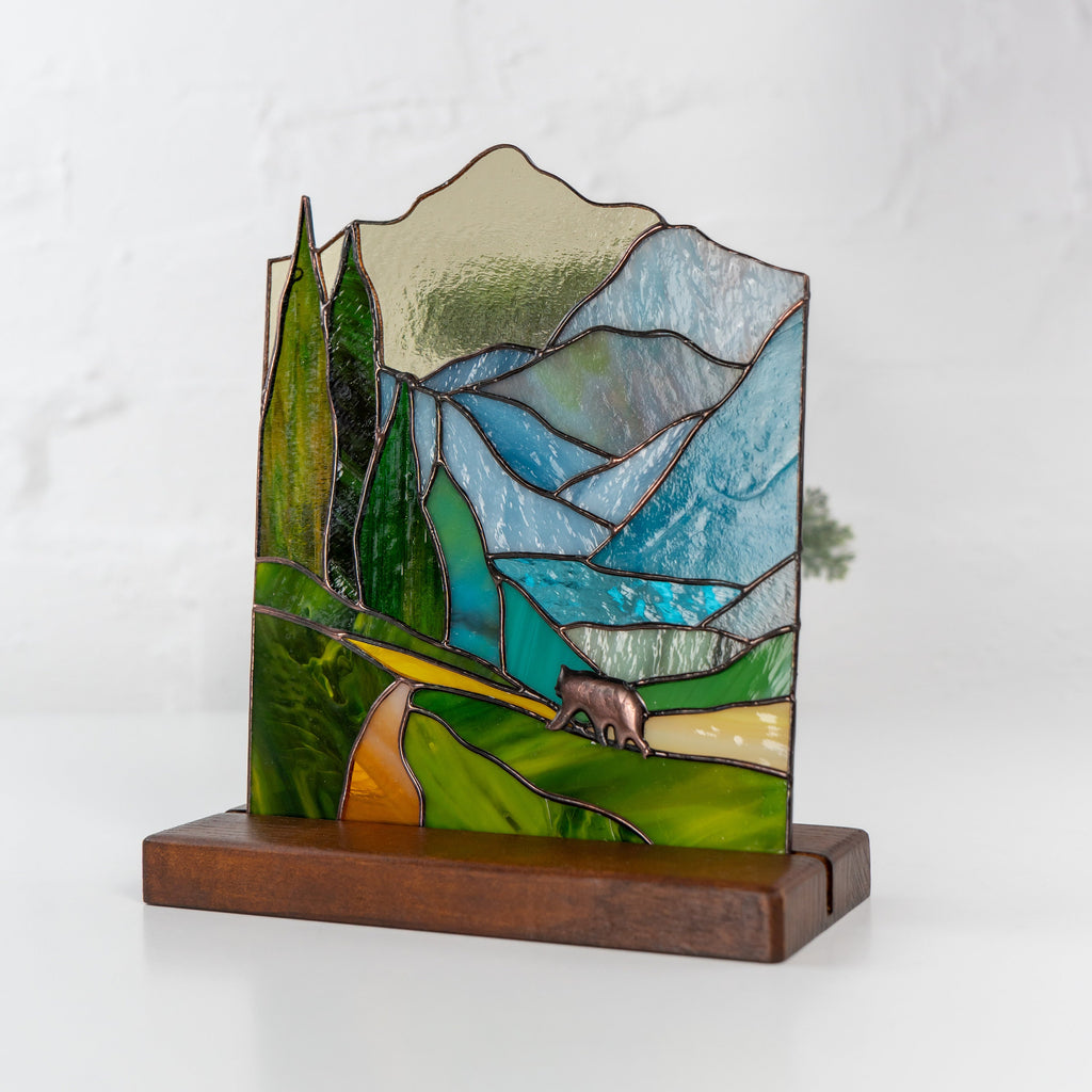 Custom stained glass art Grandparent gifts Art nouveau stained glass desk decor for women Glacier national park stained glass panel