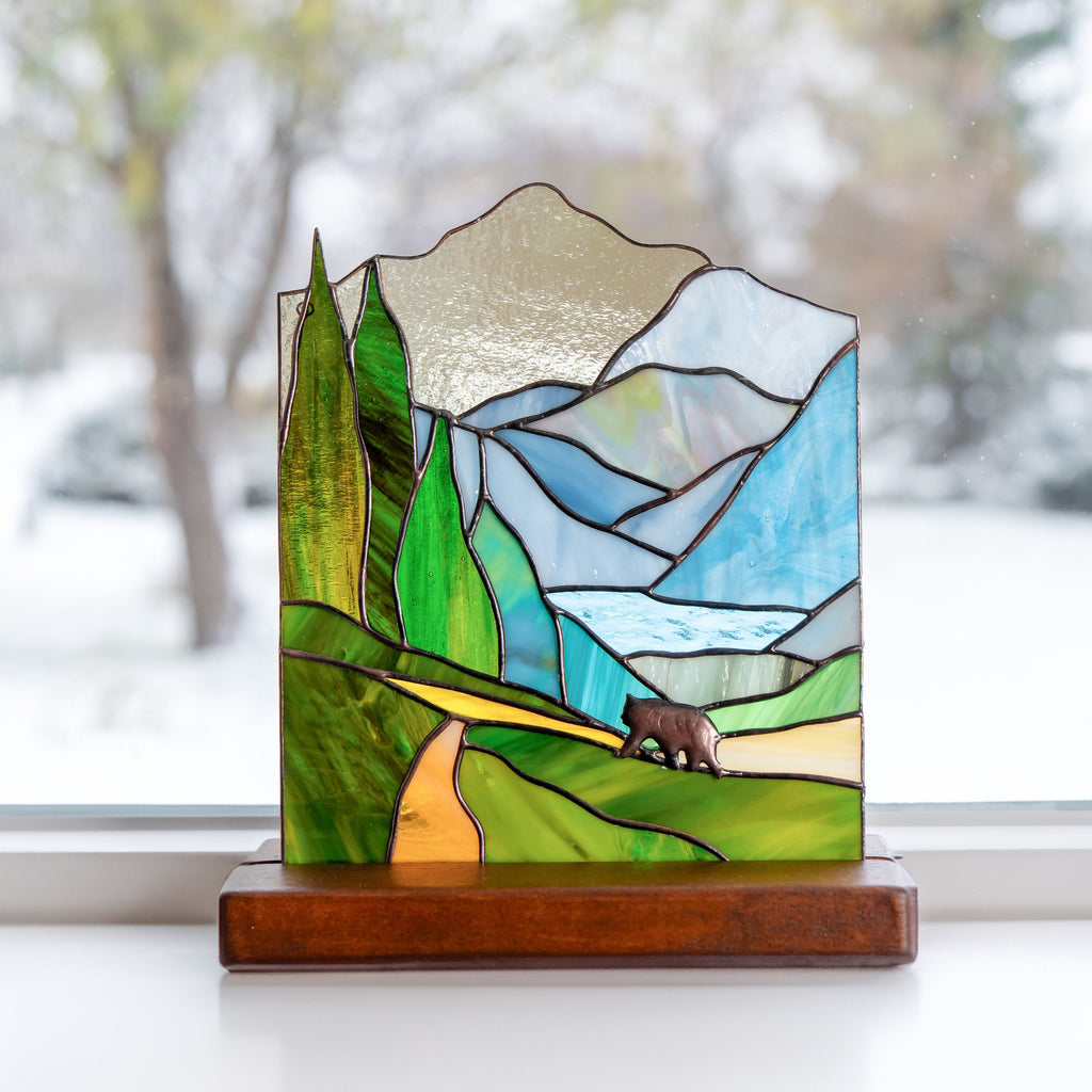 Custom stained glass art Grandparent gifts Art nouveau stained glass desk decor for women Glacier national park stained glass panel