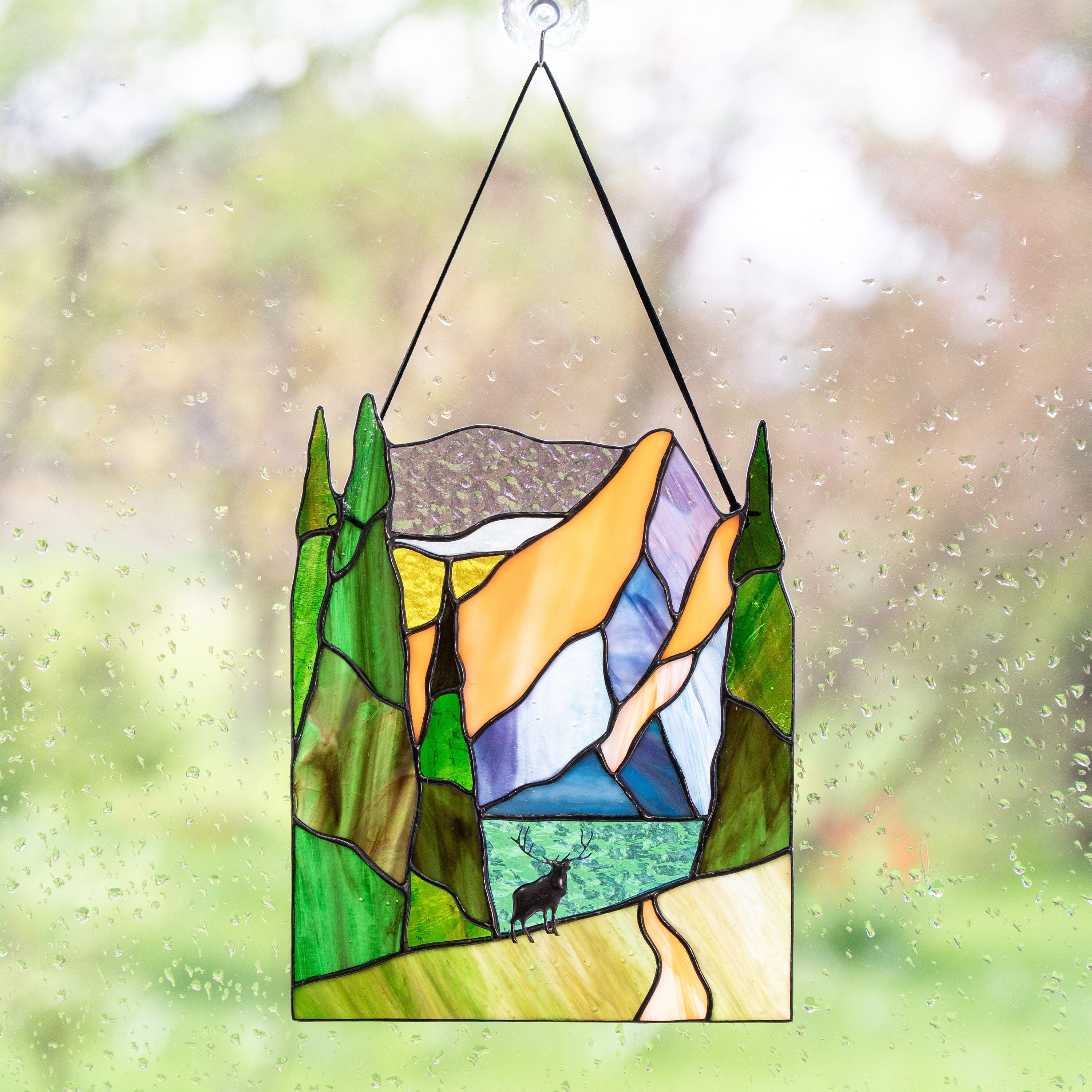 Grand Teton national park stained glass panel Grandparent gifts Desk accessories for men Custom stained glass mountain Grandma gifts