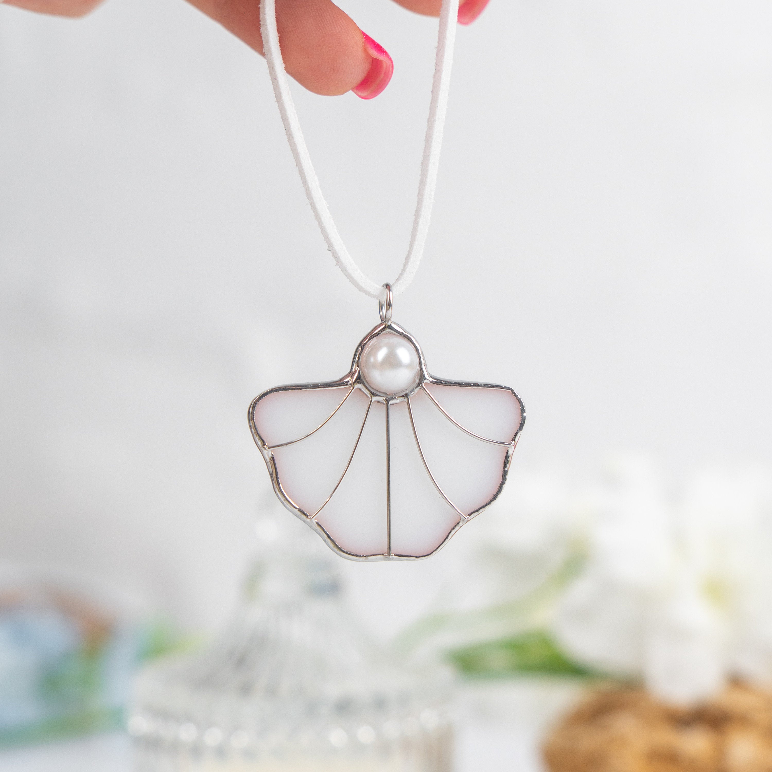 Stained glass pearl necklace Mothers Day gift Shell jewelry