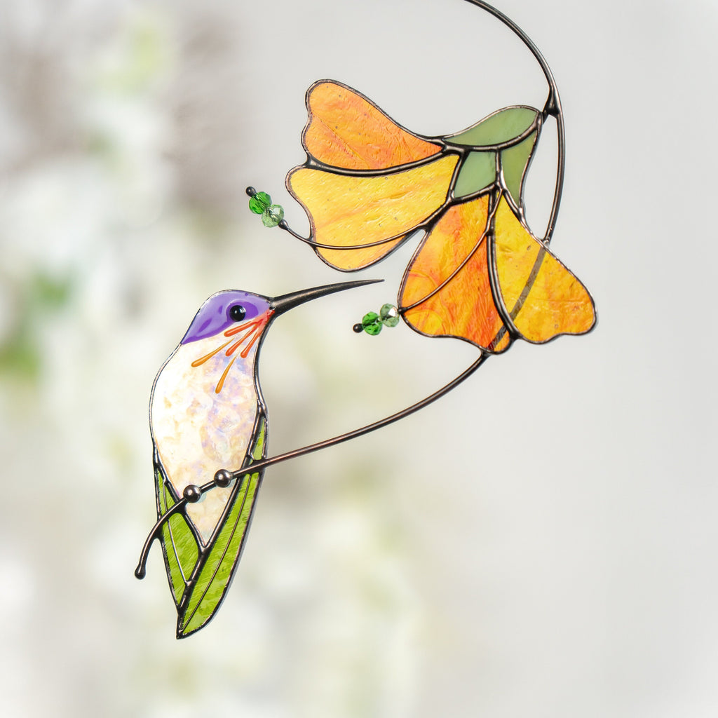 Hummingbird stained glass sun catcher Grandma gifts Flower stained glass window hangings Gift for dad
