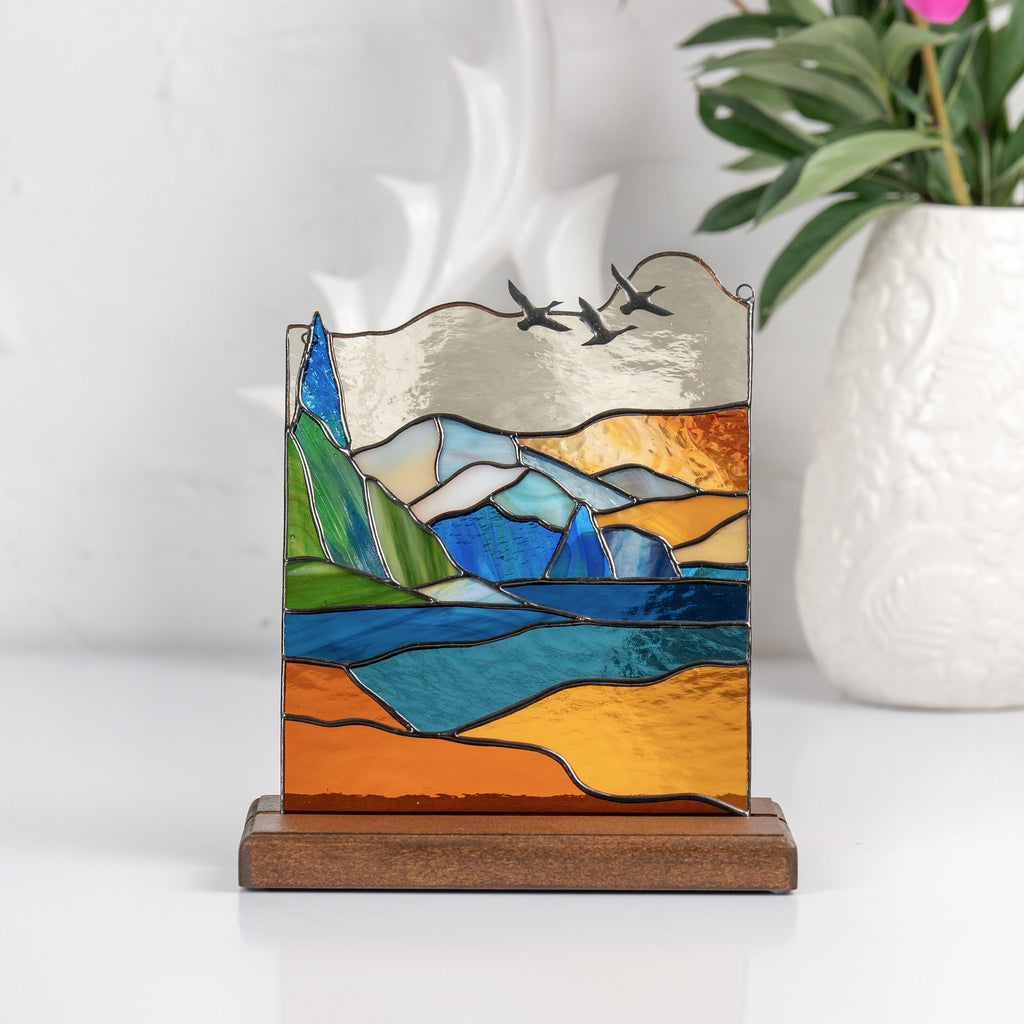 Mount Rainier stained glass panel Godfather gift Modern stained glass window hangings House warming gifts new home Desk decor for women
