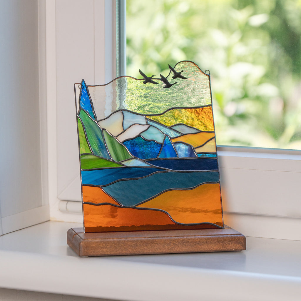 Mount Rainier stained glass panel Godfather gift Modern stained glass window hangings House warming gifts new home Desk decor for women