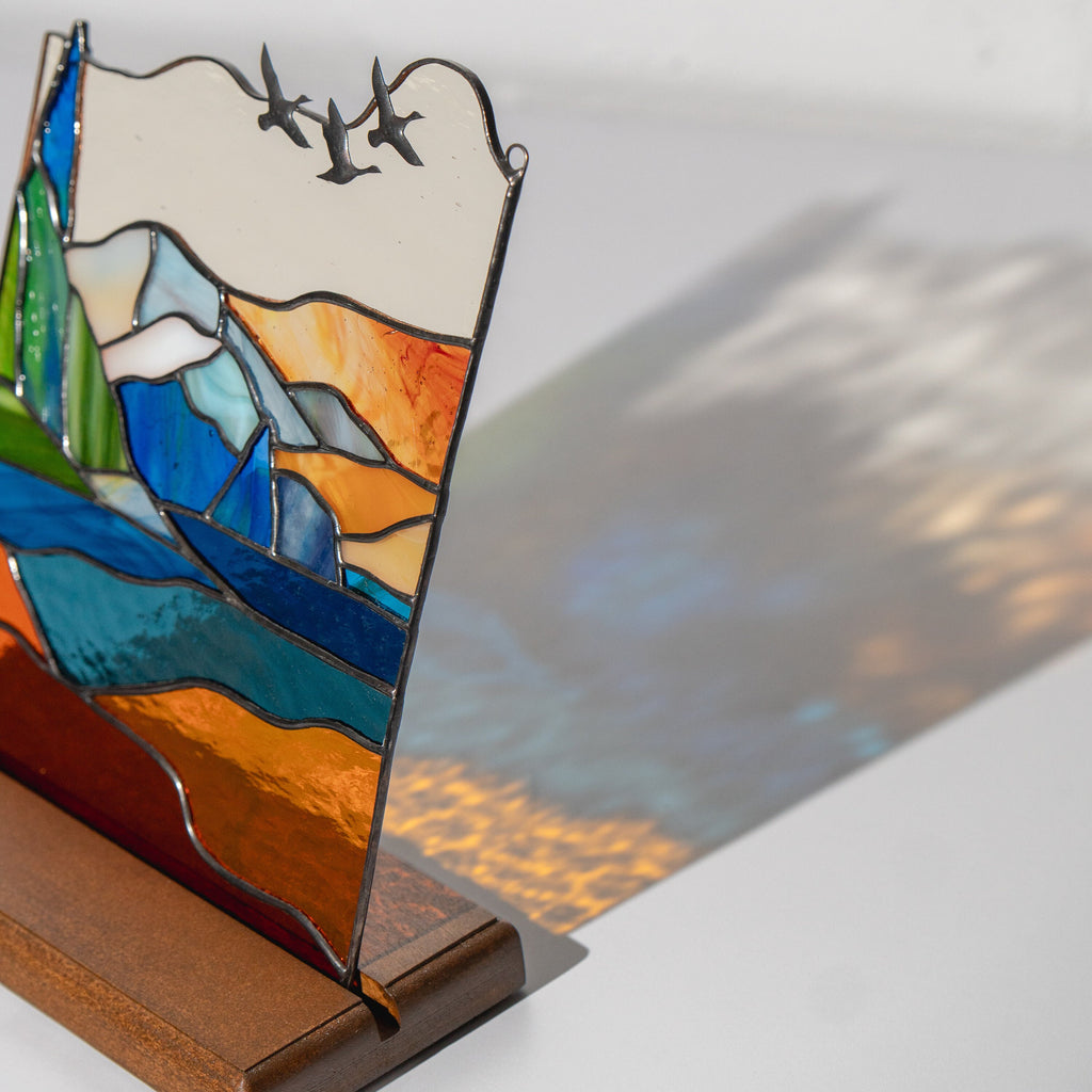 Mount Rainier stained glass panel Godfather gift Modern stained glass window hangings House warming gifts new home Desk decor for women