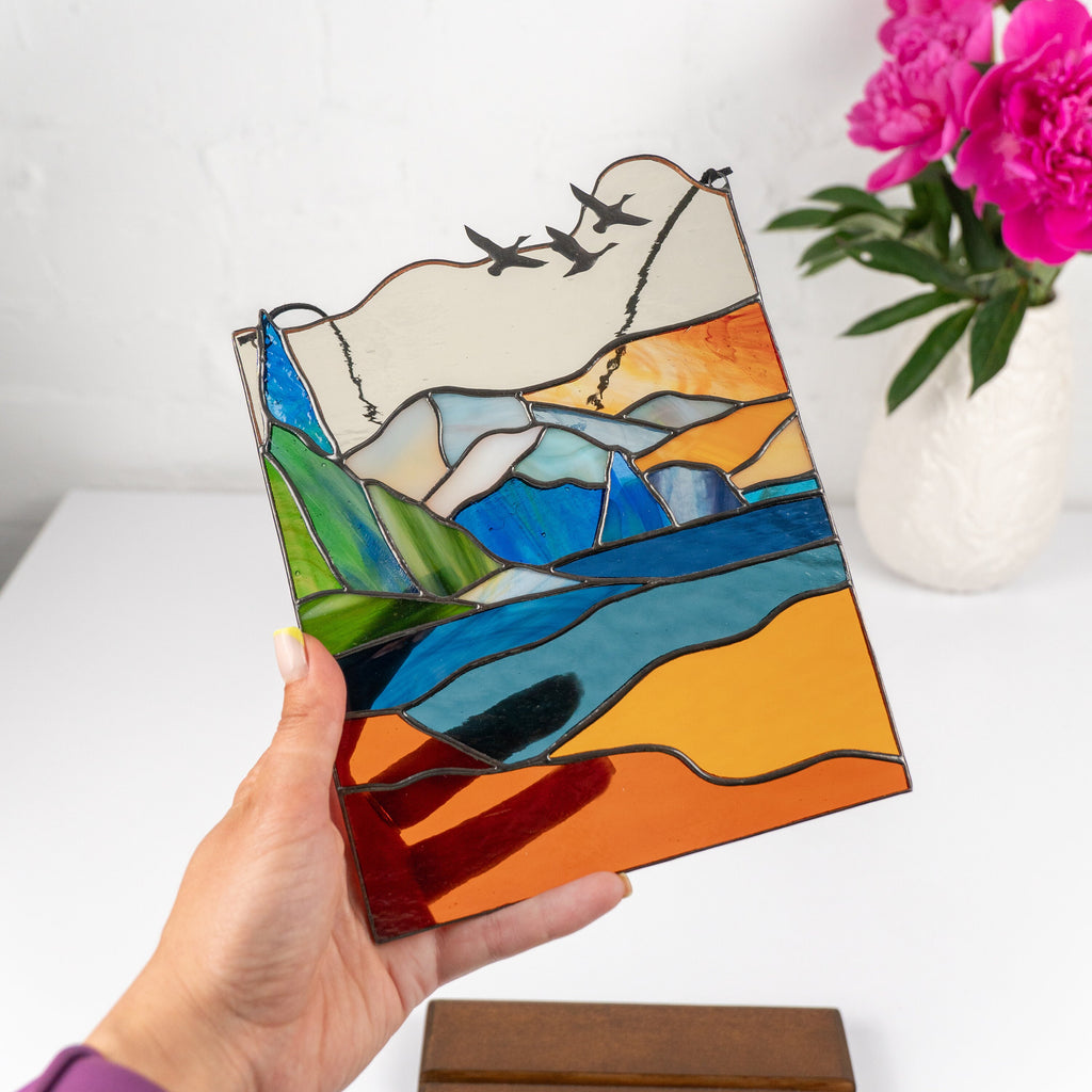 Mount Rainier stained glass panel Godfather gift Modern stained glass window hangings House warming gifts new home Desk decor for women