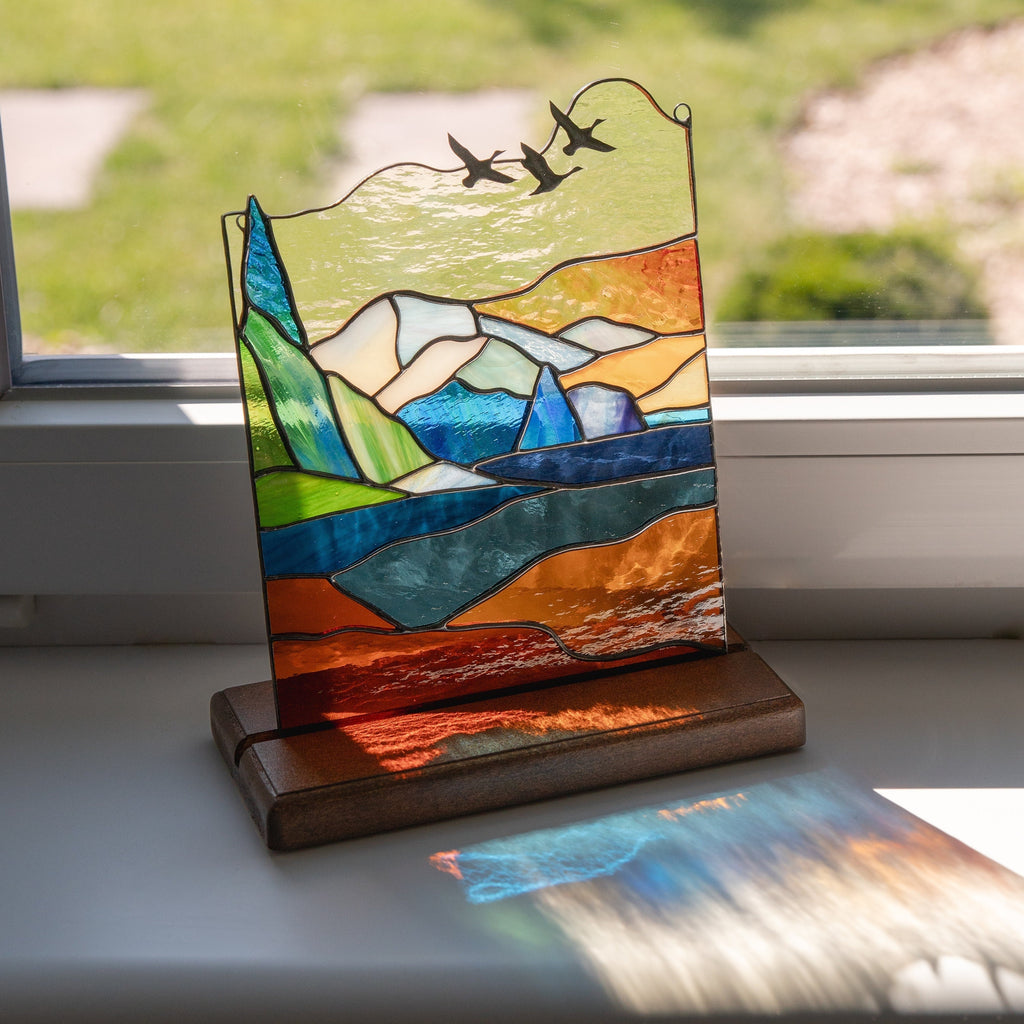 Mount Rainier stained glass panel Godfather gift Modern stained glass window hangings House warming gifts new home Desk decor for women