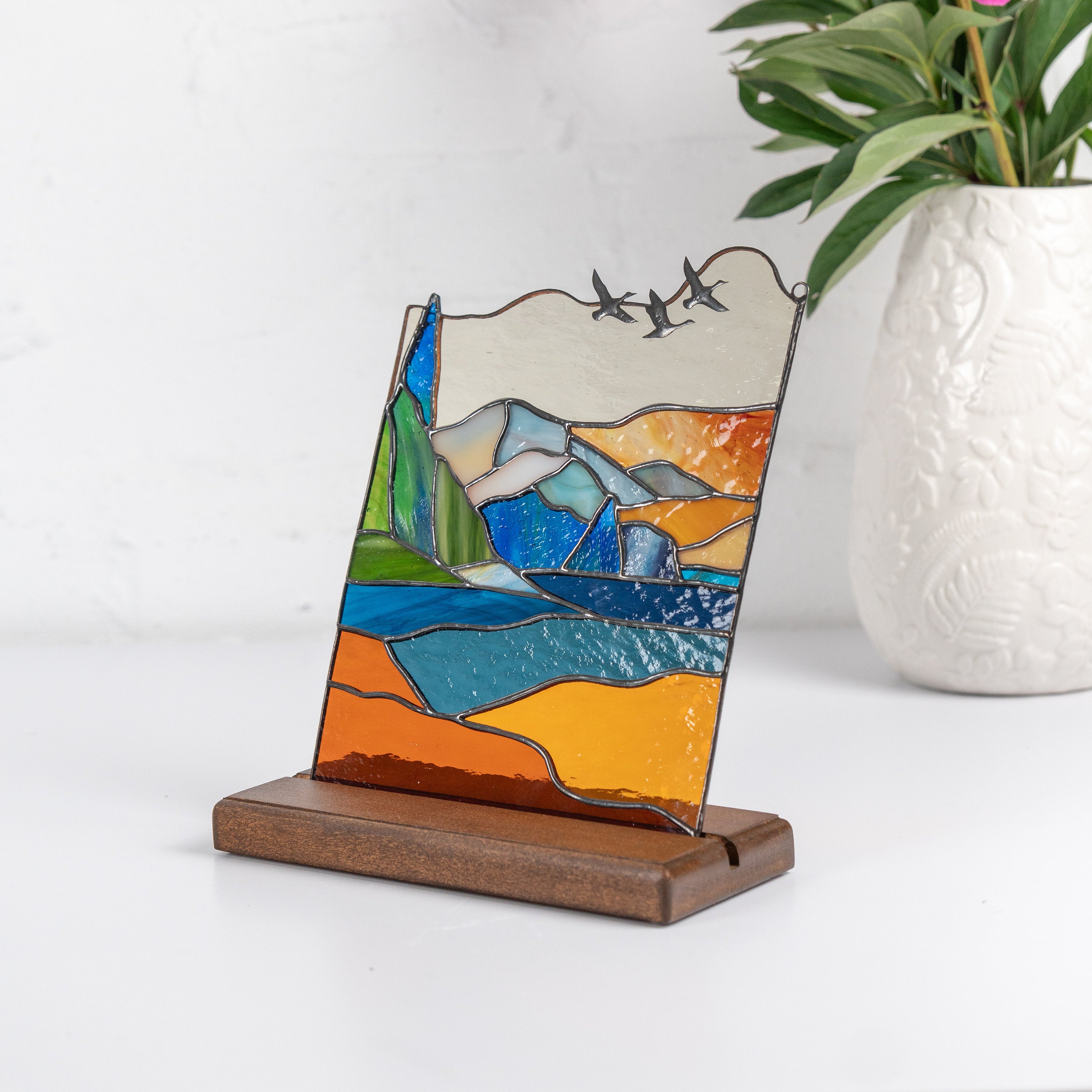 Mount Rainier stained glass panel Godfather gift Modern stained glass window hangings House warming gifts new home Desk decor for women