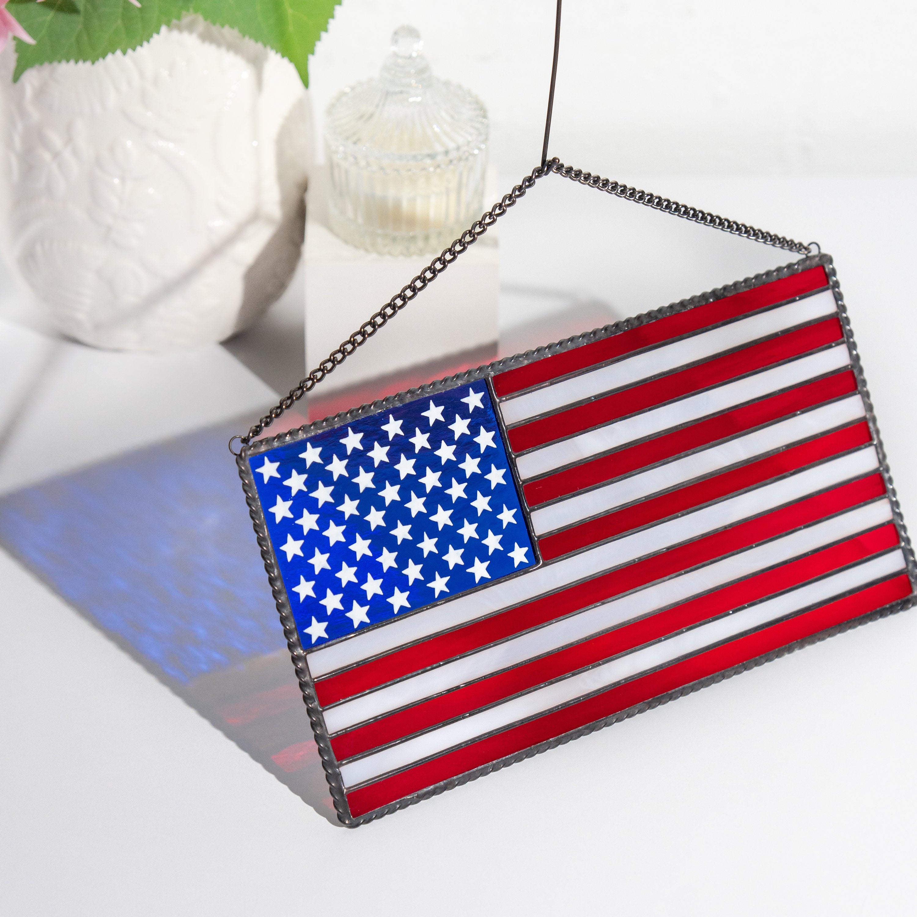 Custom stained glass window hangings Independence Day Modern stained glass pieces 4th of july party decor American flag