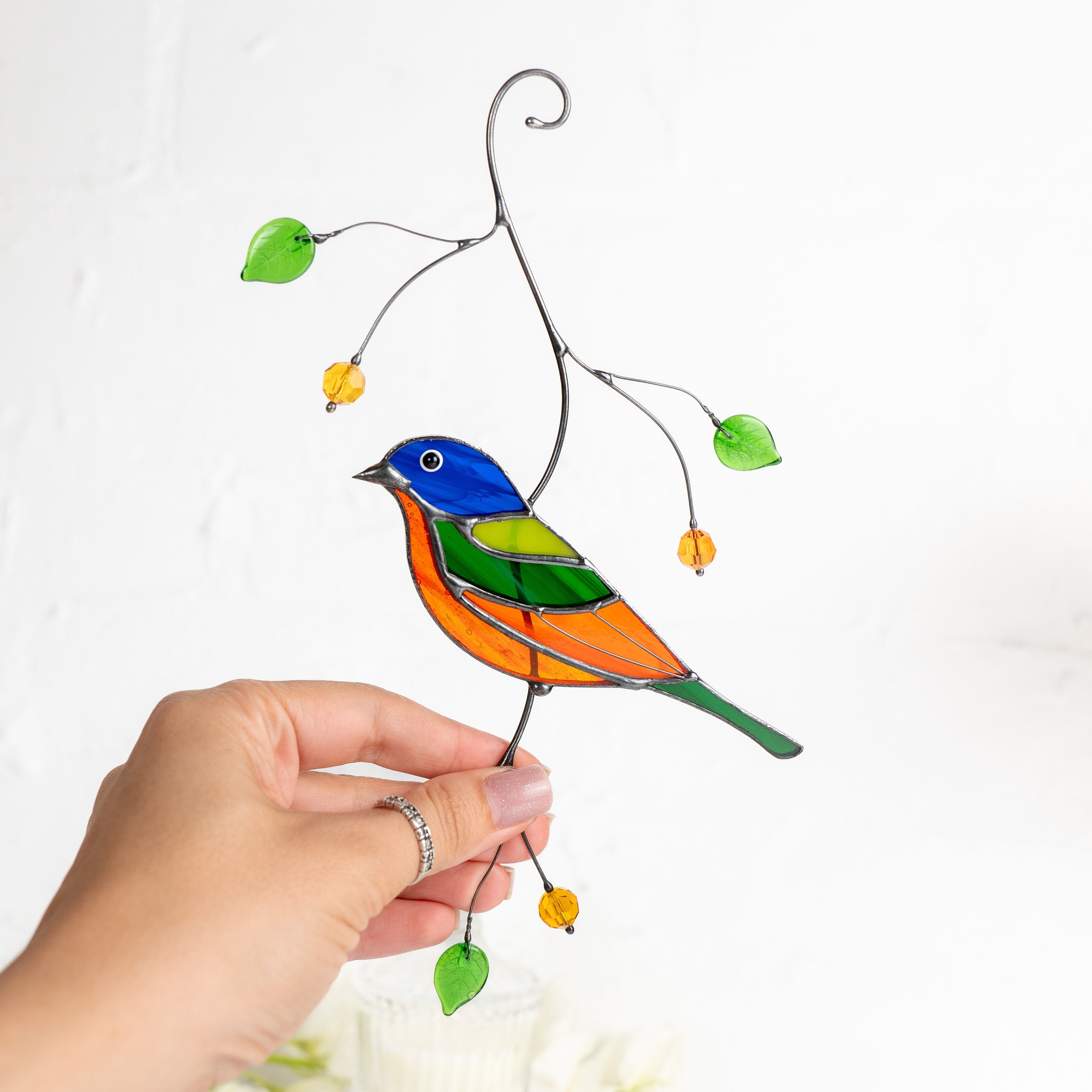 Stained glass bird suncatcher Mother in law gifts Painted bunting bird Modern stained glass window hangings