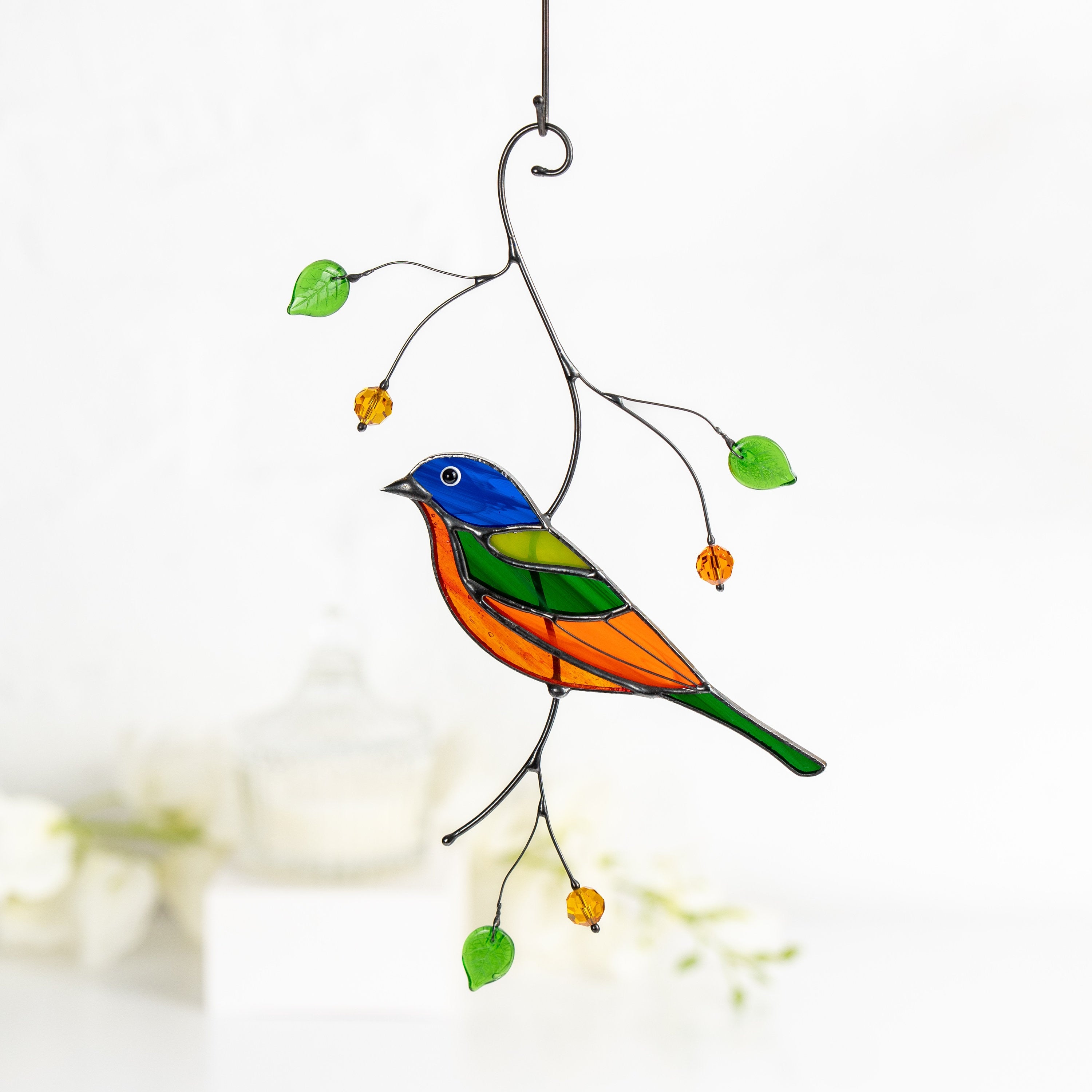 Stained glass bird suncatcher Mother in law gifts Painted bunting bird Modern stained glass window hangings