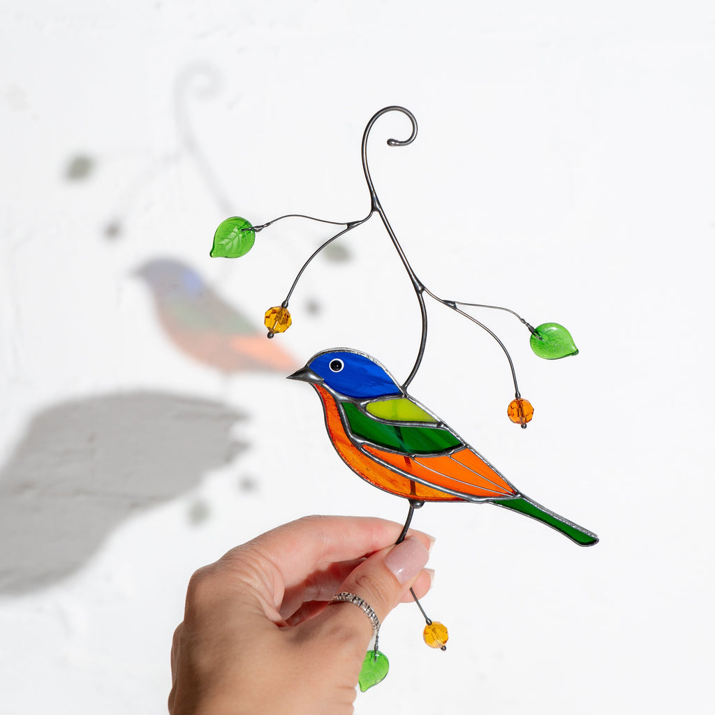 Stained glass bird suncatcher Mother in law gifts Painted bunting bird Modern stained glass window hangings