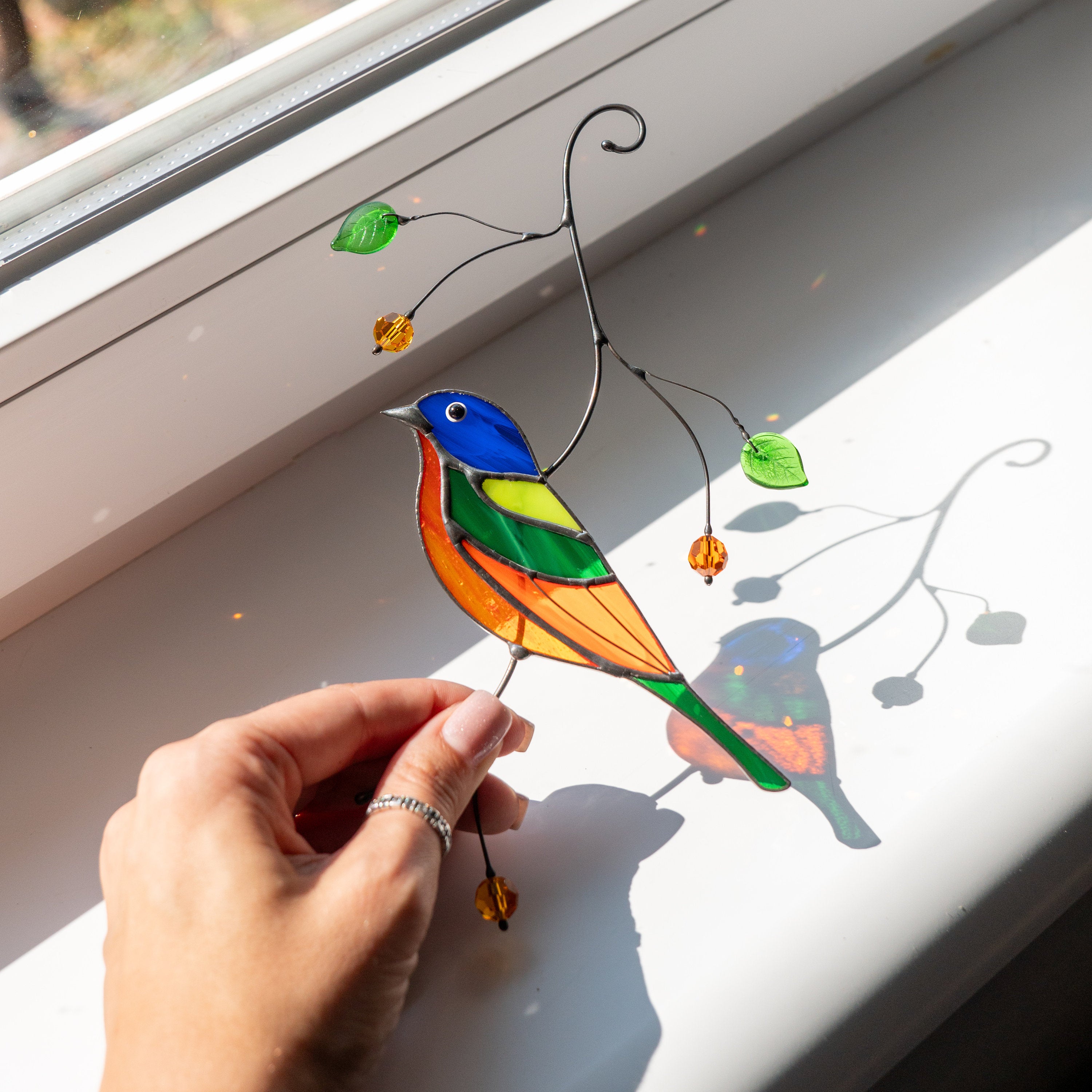 Stained glass bird suncatcher Mother in law gifts Painted bunting bird Modern stained glass window hangings