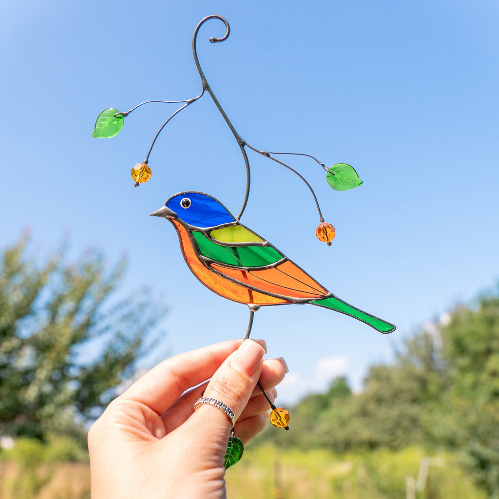 Stained glass bird suncatcher Mother in law gifts Painted bunting bird Modern stained glass window hangings