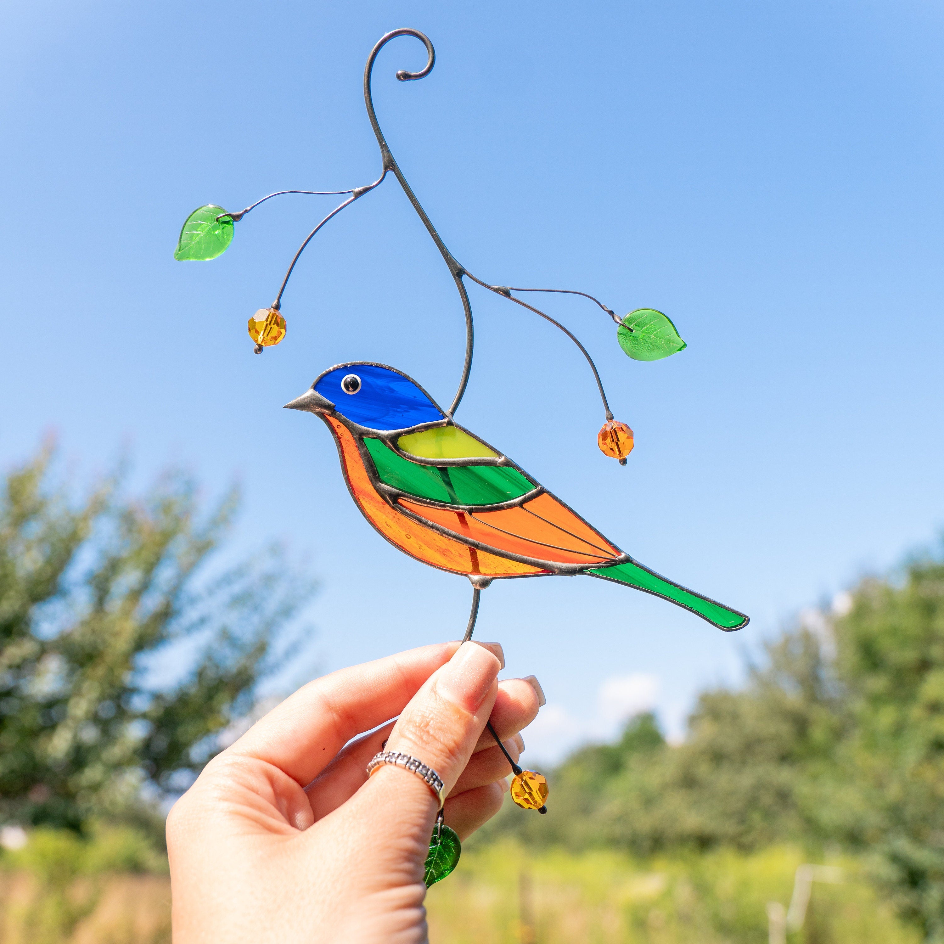 Stained glass bird suncatcher Mother in law gifts Painted bunting bird Modern stained glass window hangings