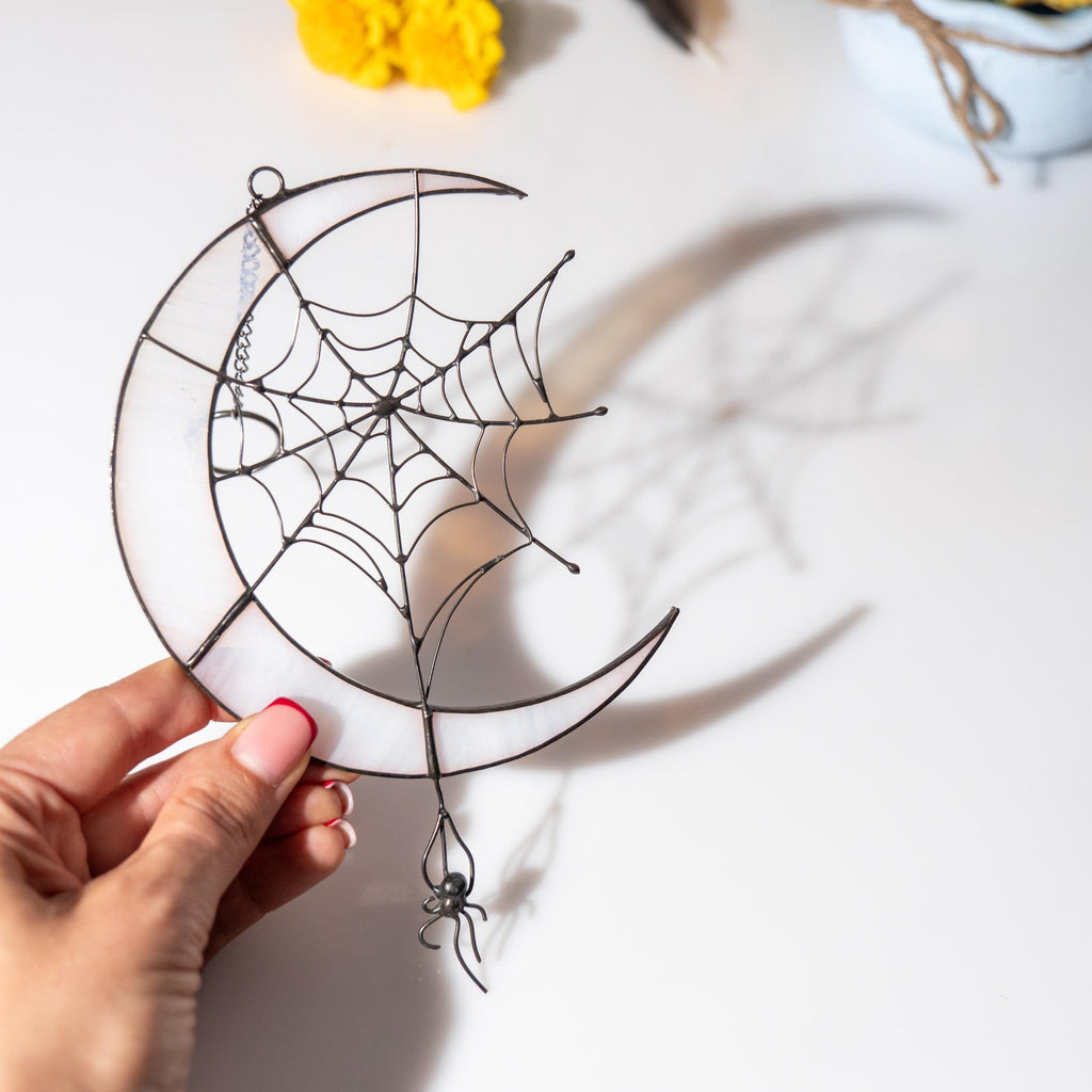 Halloween stained glass spider Moon suncatcher Custom stained glass window hangings Halloween decoration Web suncatchers