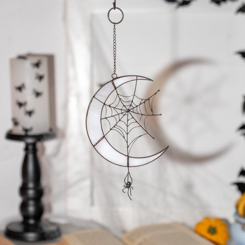 Halloween stained glass spider Moon suncatcher Custom stained glass window hangings Halloween decoration Web suncatchers