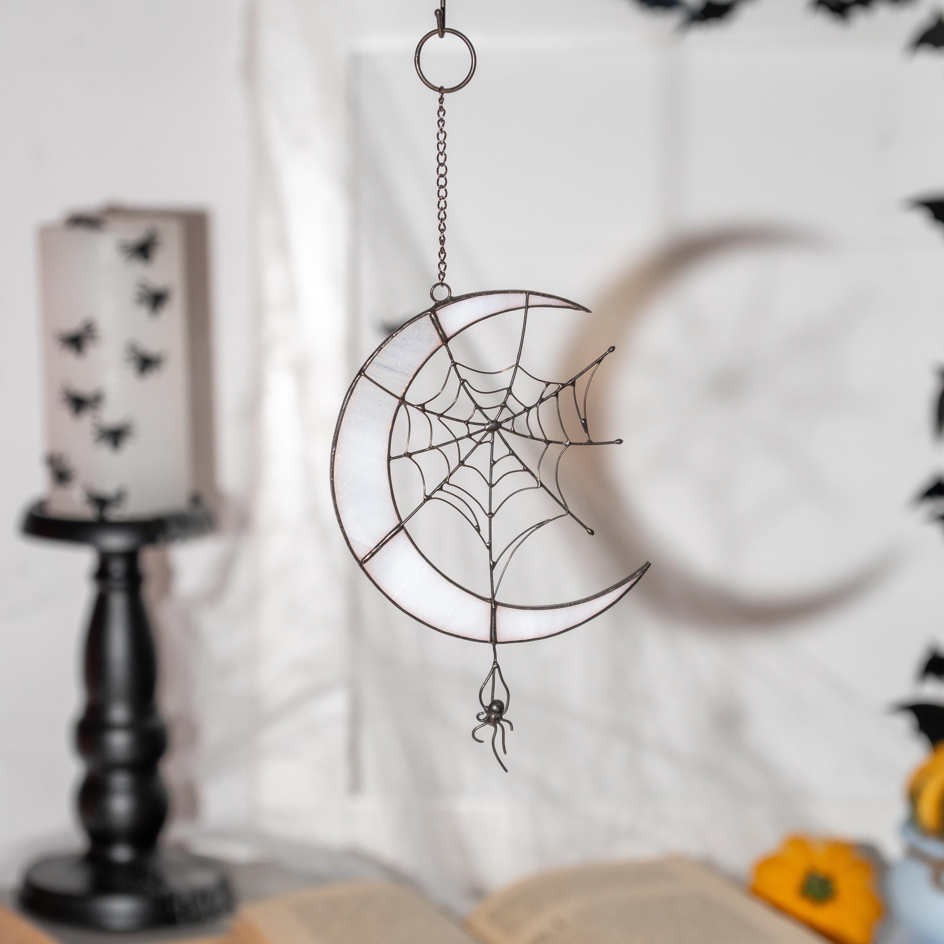 Halloween stained glass spider Moon suncatcher Custom stained glass window hangings Halloween decoration Web suncatchers