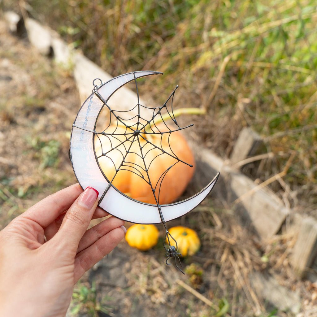 Halloween stained glass spider Moon suncatcher Custom stained glass window hangings Halloween decoration Web suncatchers