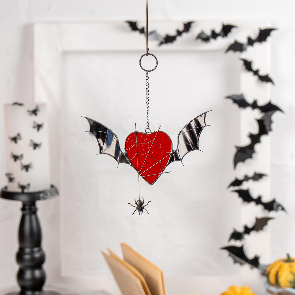 Custom stained glass Halloween artwork Web suncatchers Halloween stained glass window hangings Heart suncatcher
