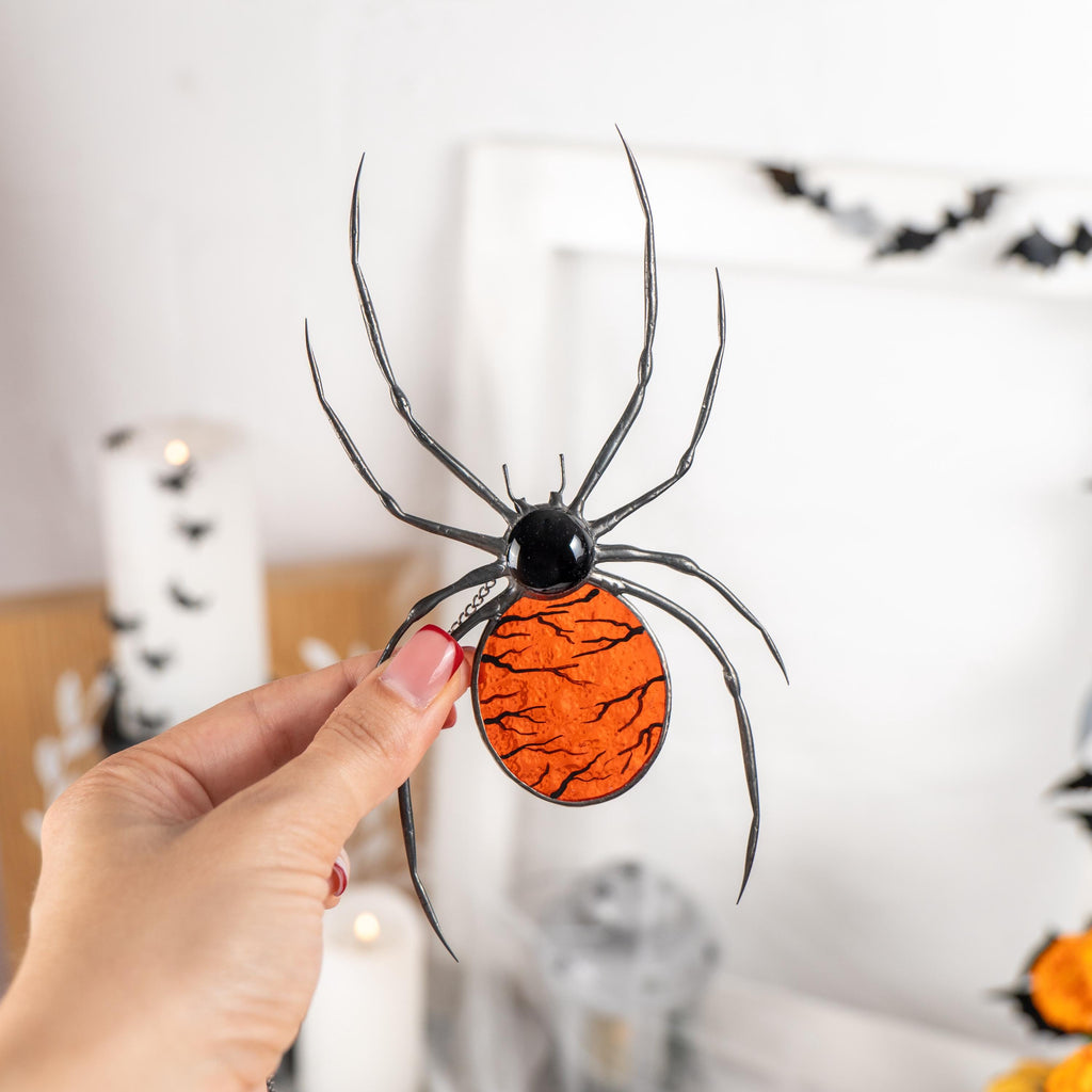 Jumping spider stained glass window hangings Halloween gifts Custom stained glass Halloween artwork Spider sign