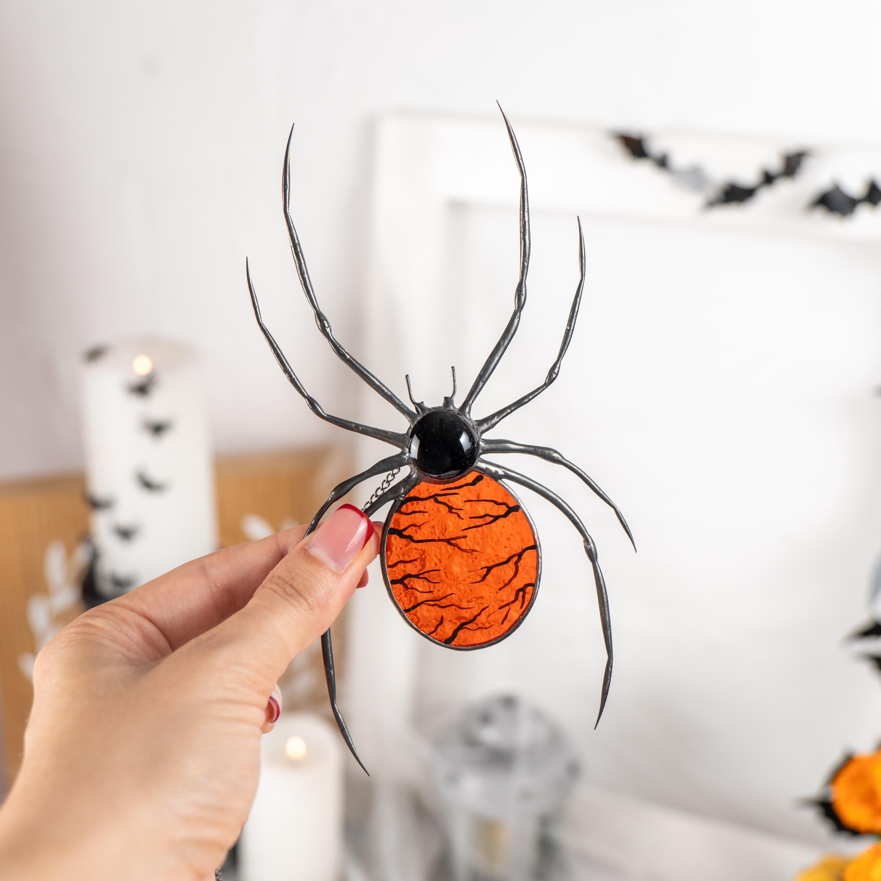 Jumping spider stained glass window hangings Halloween gifts Custom stained glass Halloween artwork Spider sign