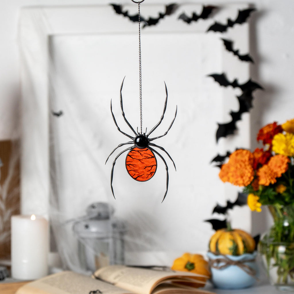 Jumping spider stained glass window hangings Halloween gifts Custom stained glass Halloween artwork Spider sign