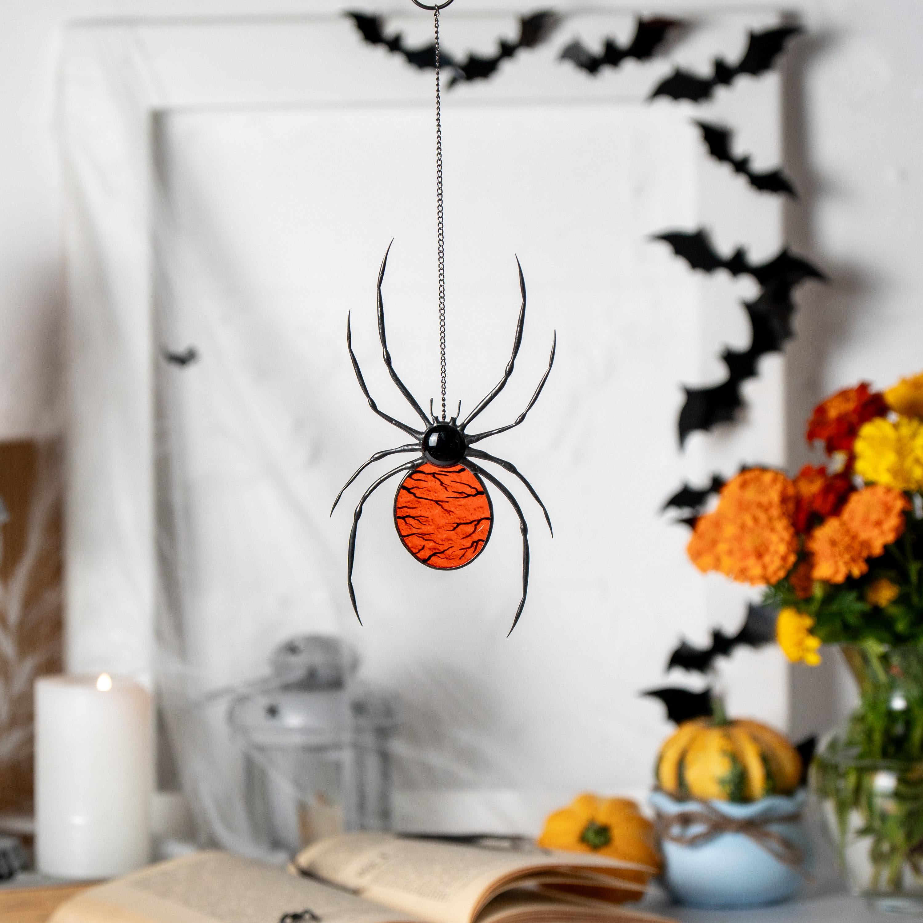 Jumping spider stained glass window hangings Halloween gifts Custom stained glass Halloween artwork Spider sign