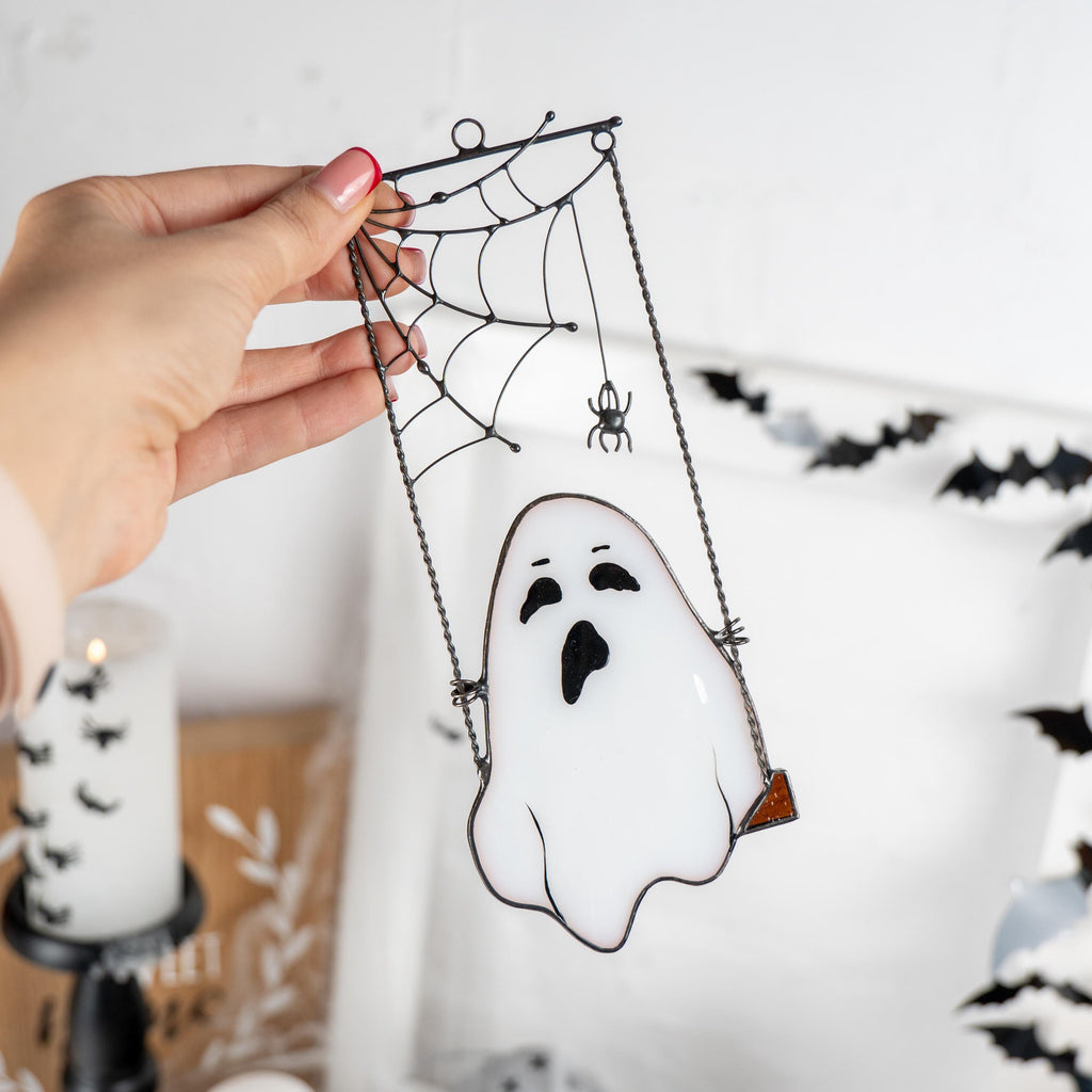 Cute ghost stained glass Halloween suncatcher Whimsigoth decor Ghostface stained glass window hangings Halloween decor indoor Fall artwork