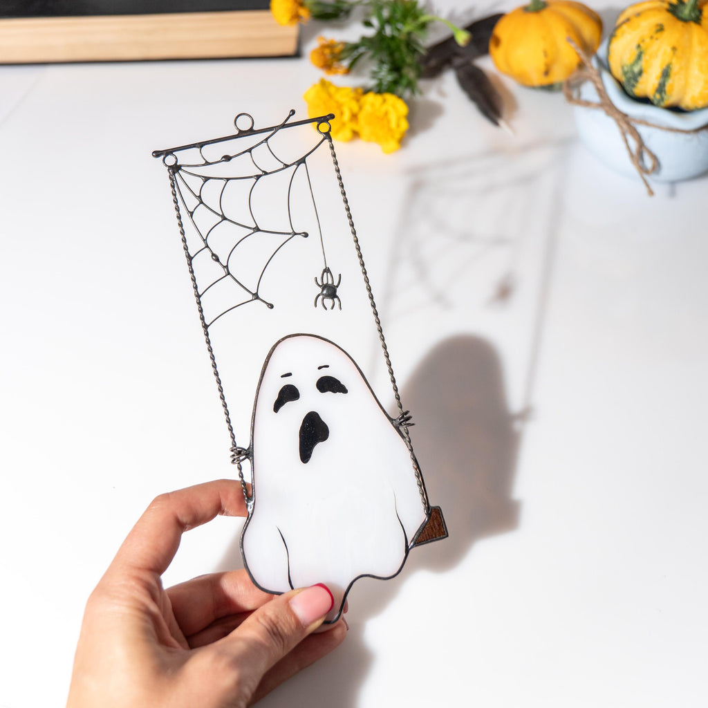 Cute ghost stained glass Halloween suncatcher Whimsigoth decor Ghostface stained glass window hangings Halloween decor indoor Fall artwork