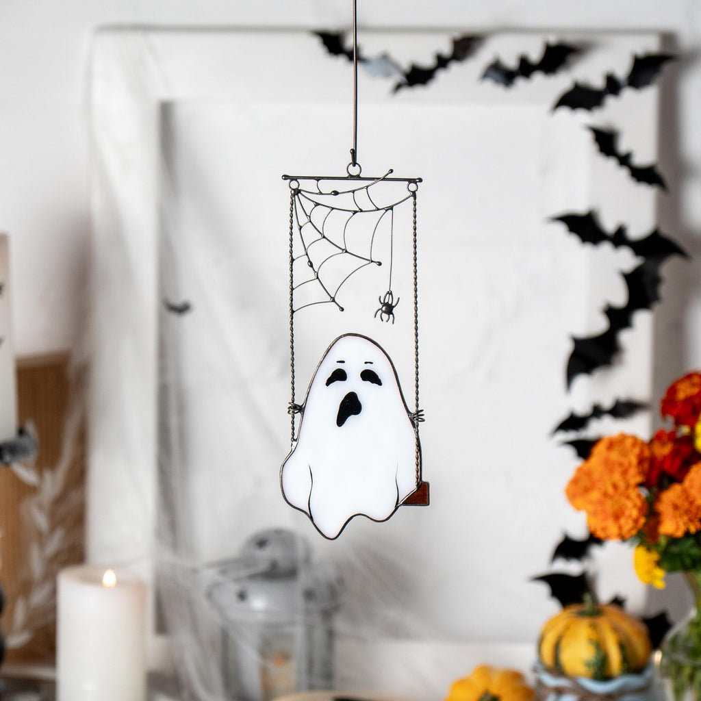 Cute ghost stained glass Halloween suncatcher Whimsigoth decor Ghostface stained glass window hangings Halloween decor indoor Fall artwork