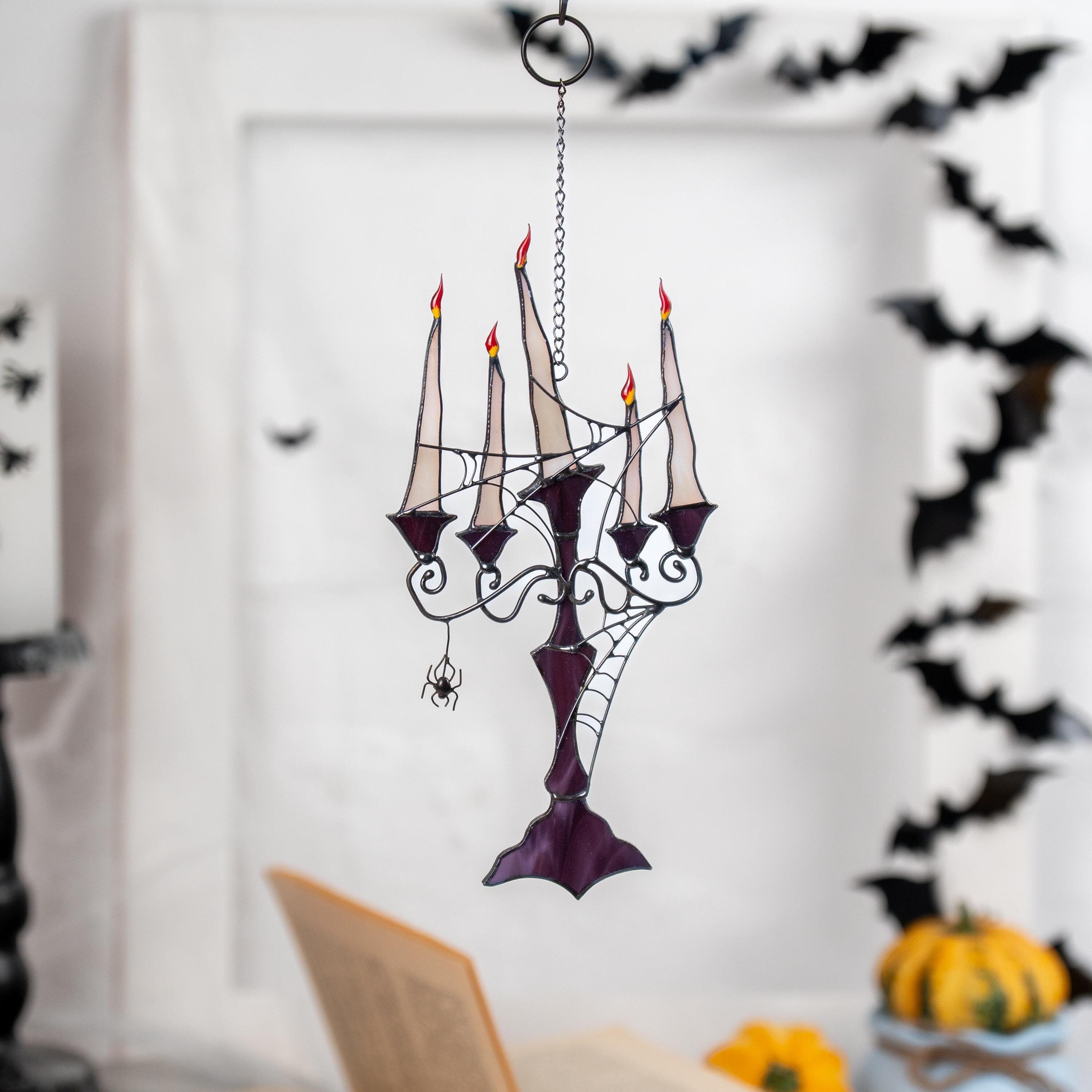Stained glass Halloween suncatcher Halloween gift Custom stained glass Halloween artwork Web suncatchers Stained glass window hangings