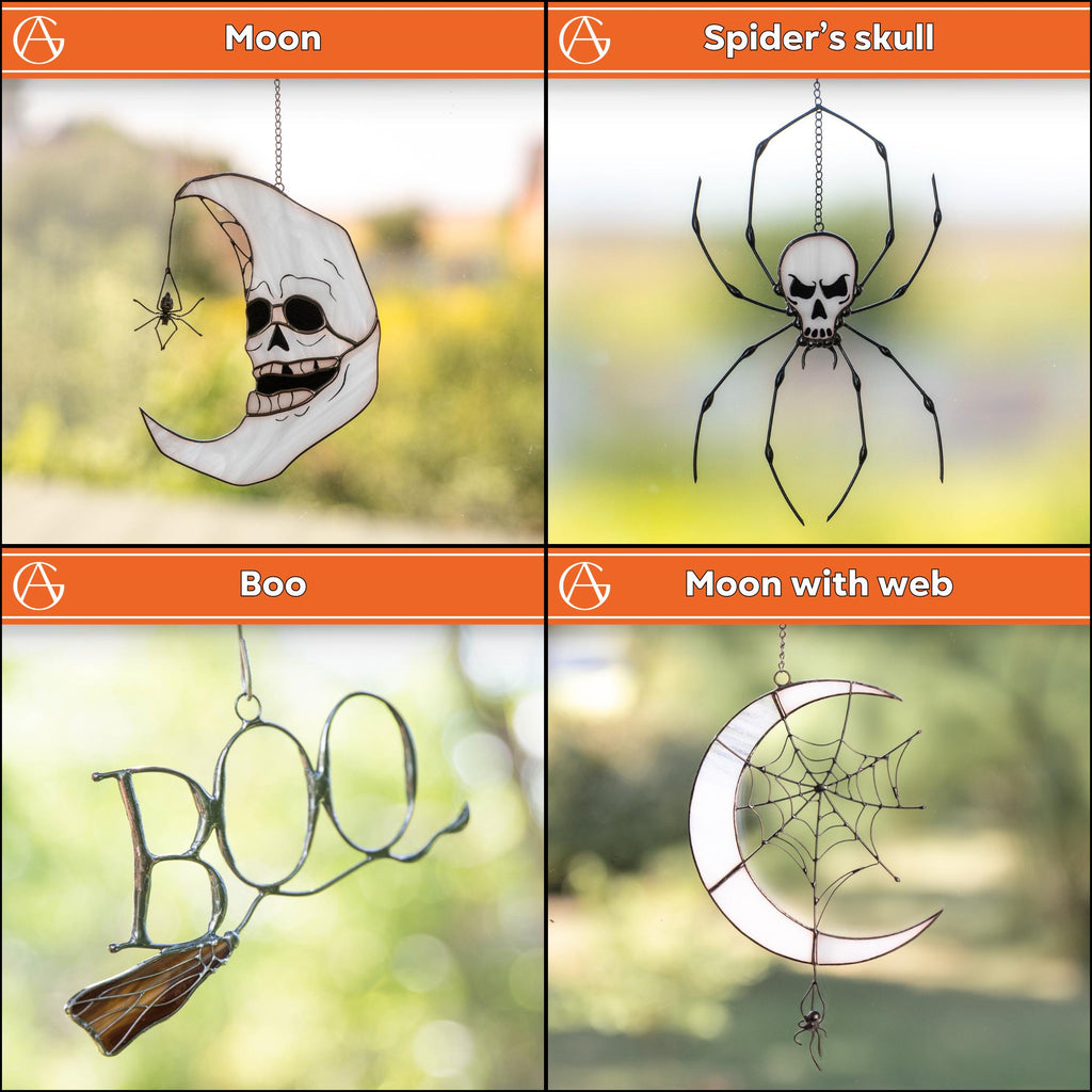 Halloween stained glass spider Moon suncatcher Custom stained glass window hangings Halloween decoration Web suncatchers