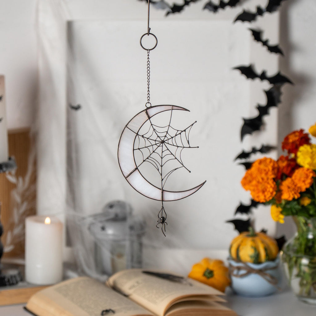 Halloween stained glass spider Moon suncatcher Custom stained glass window hangings Halloween decoration Web suncatchers