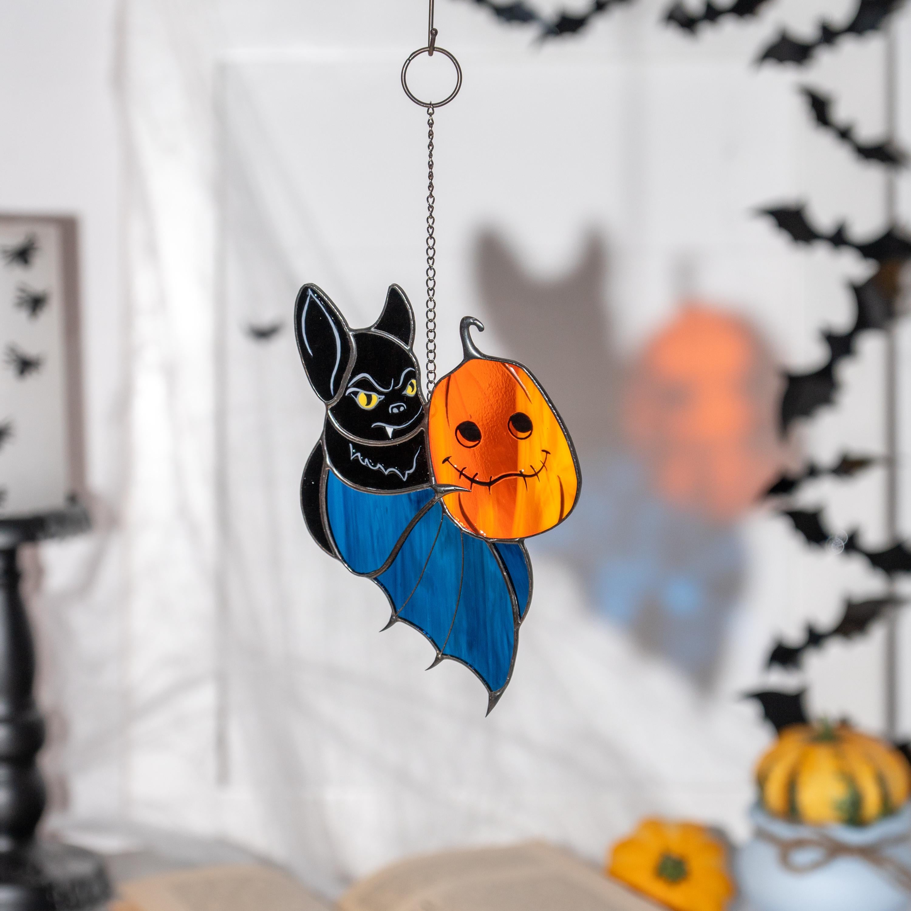 Stained glass Halloween suncatcher Bat glass ornament Halloween pumpkin stained glass sun catcher Bat wings handmade product