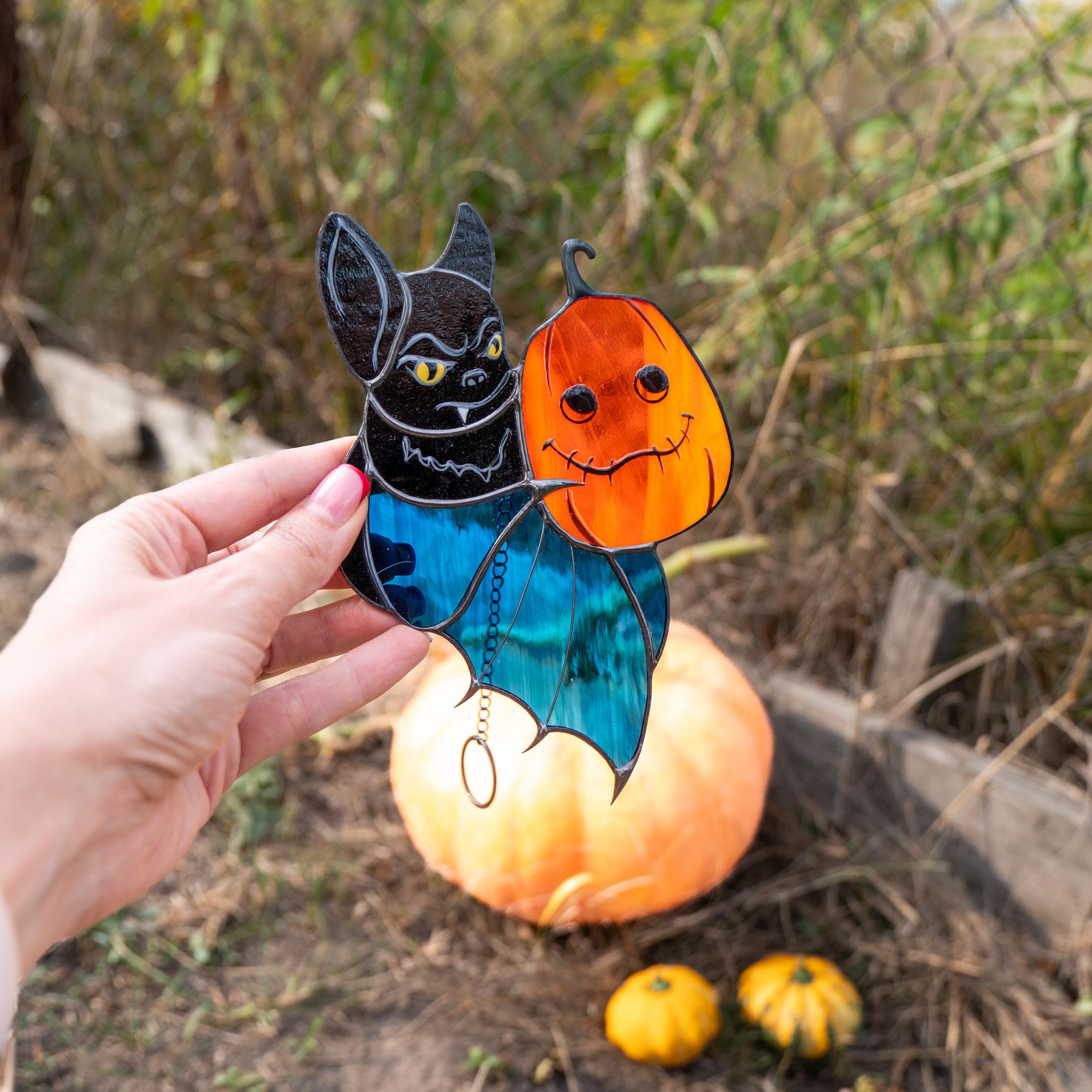 Stained glass Halloween suncatcher Bat glass ornament Halloween pumpkin stained glass sun catcher Bat wings handmade product