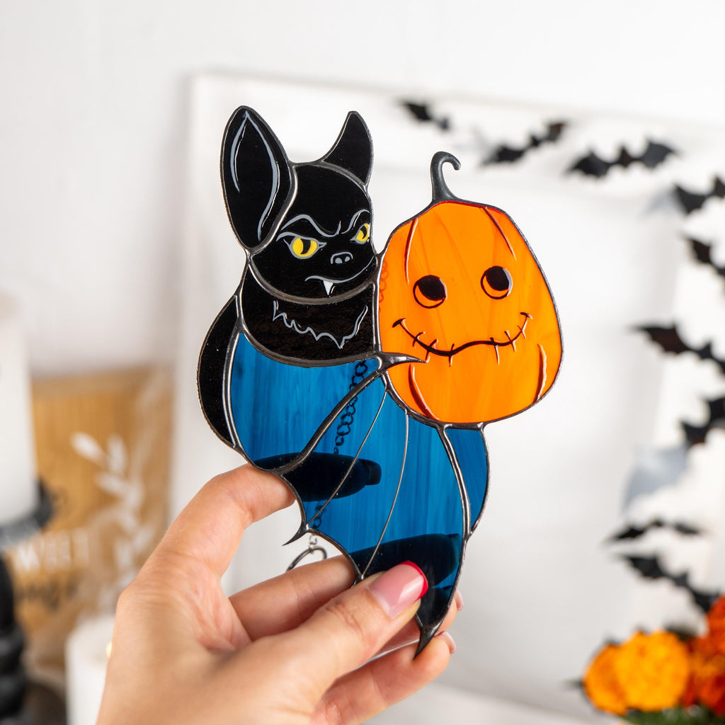 Stained glass Halloween suncatcher Bat glass ornament Halloween pumpkin stained glass sun catcher Bat wings handmade product