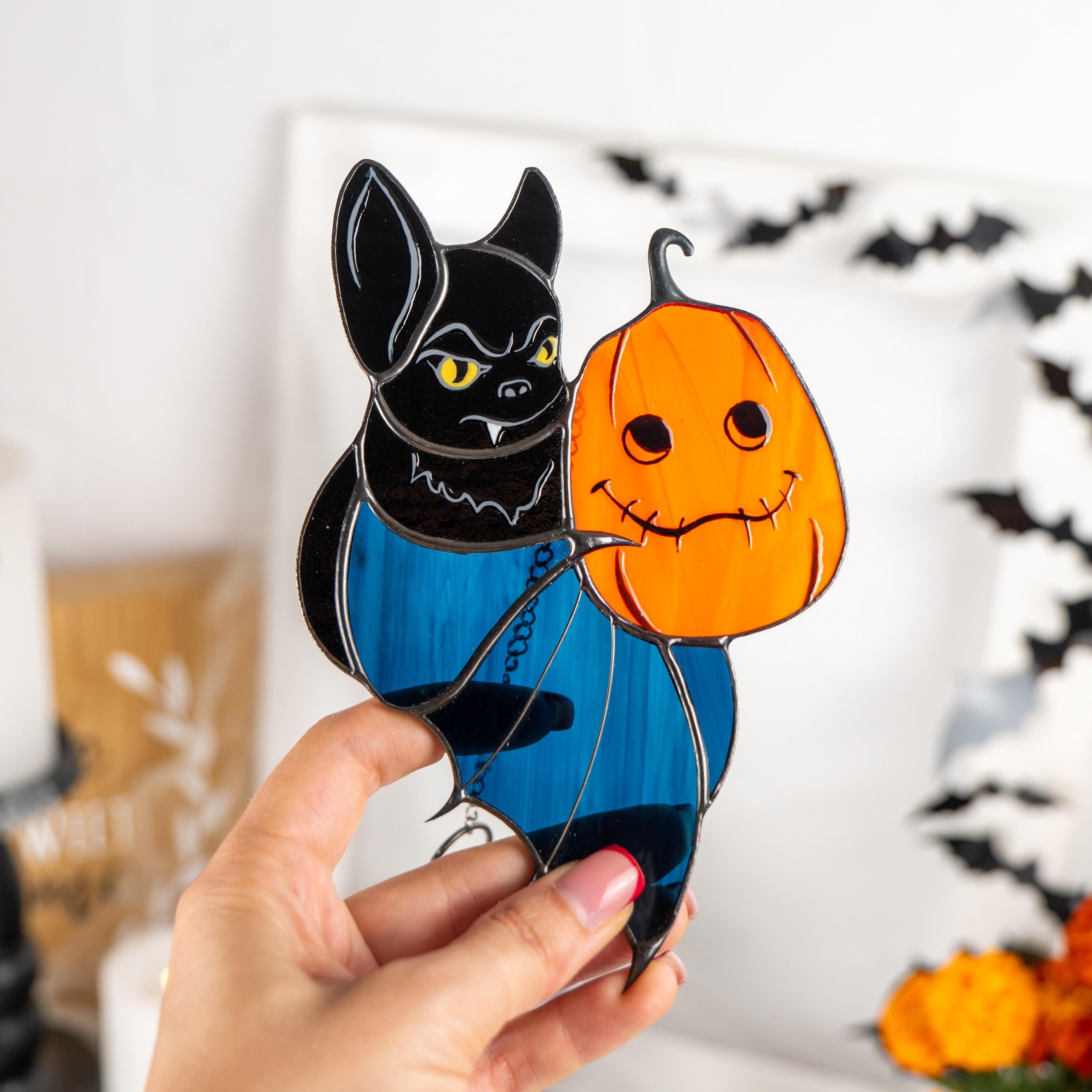 Stained glass Halloween suncatcher Bat glass ornament Halloween pumpkin stained glass sun catcher Bat wings handmade product