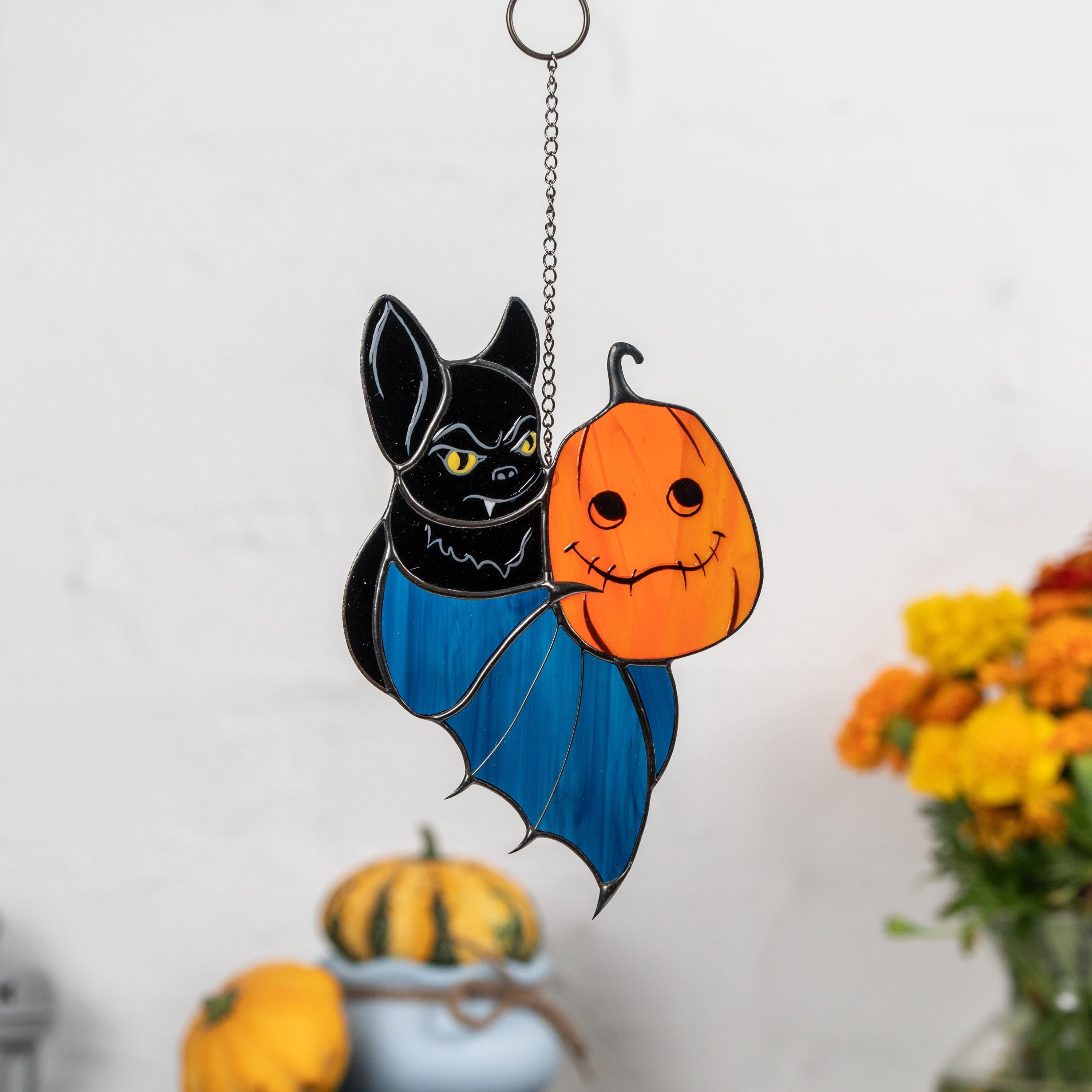 Stained glass Halloween suncatcher Bat glass ornament Halloween pumpkin stained glass sun catcher Bat wings handmade product