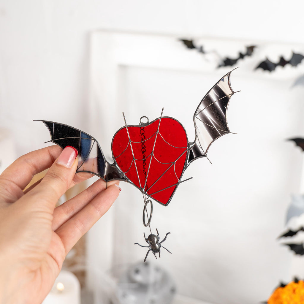 Custom stained glass Halloween artwork Web suncatchers Halloween stained glass window hangings Heart suncatcher