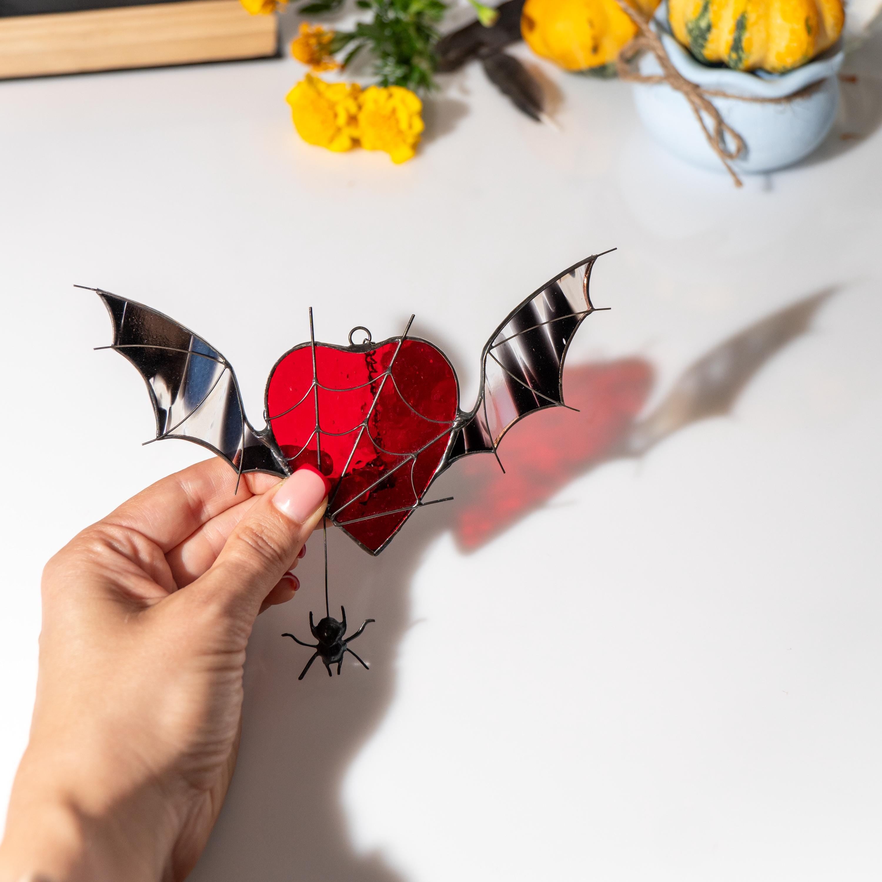 Custom stained glass Halloween artwork Web suncatchers Halloween stained glass window hangings Heart suncatcher