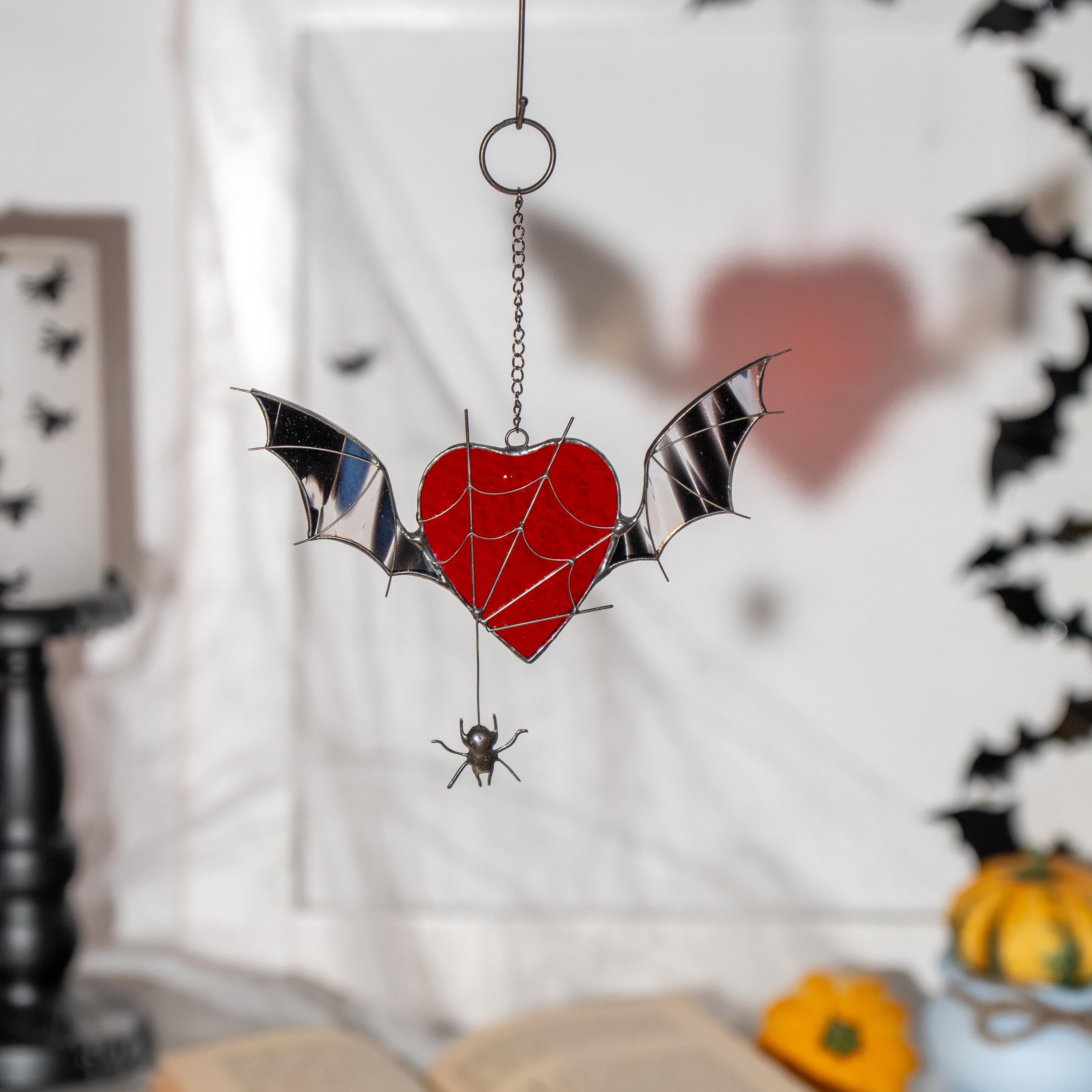 Custom stained glass Halloween artwork Web suncatchers Halloween stained glass window hangings Heart suncatcher