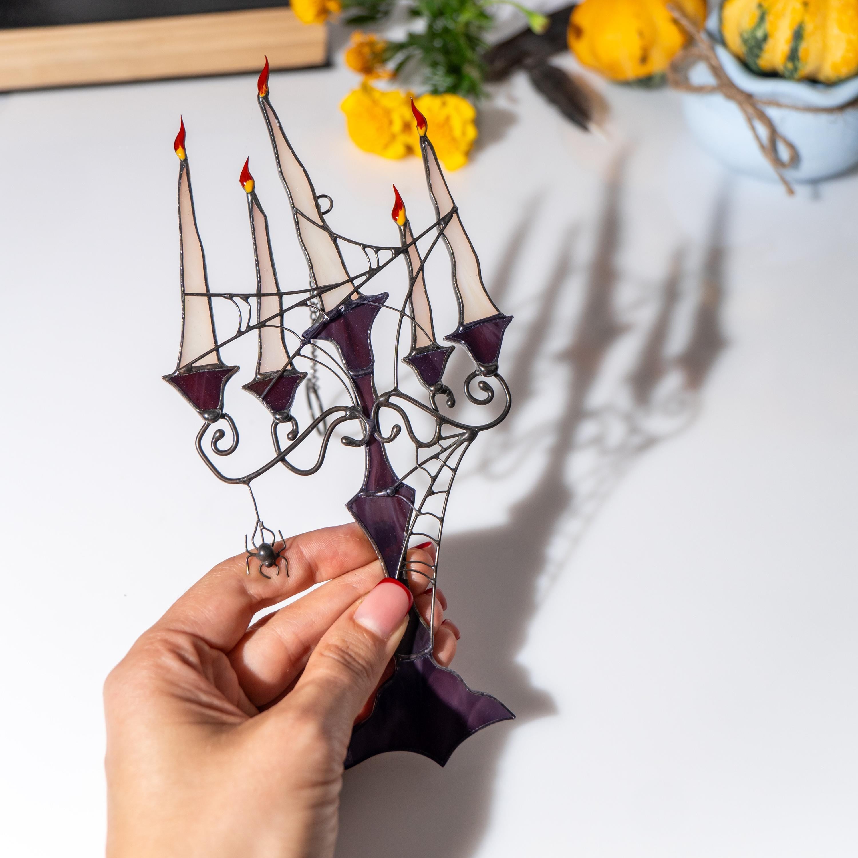 Stained glass Halloween suncatcher Halloween gift Custom stained glass Halloween artwork Web suncatchers Stained glass window hangings