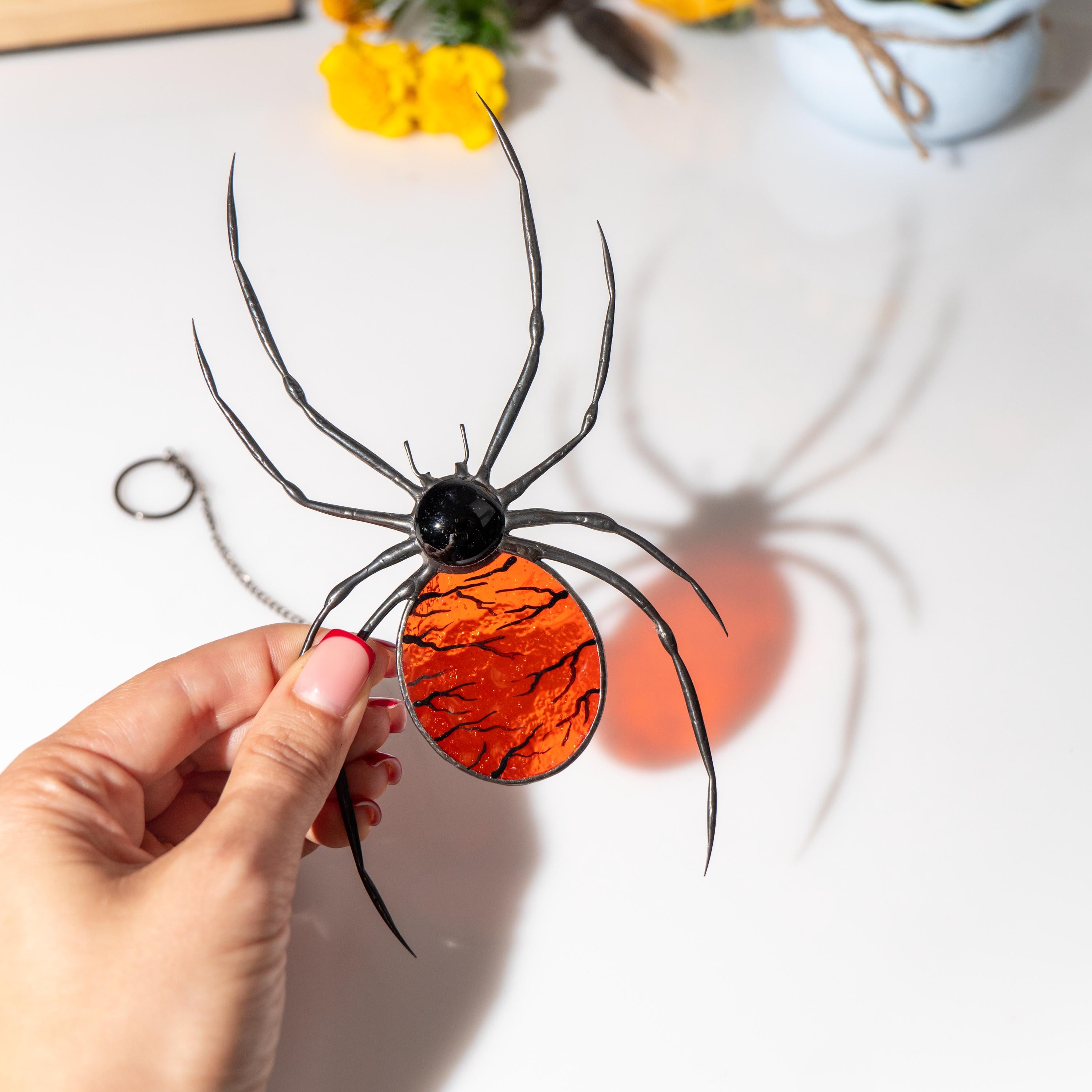 Jumping spider stained glass window hangings Halloween gifts Custom stained glass Halloween artwork Spider sign