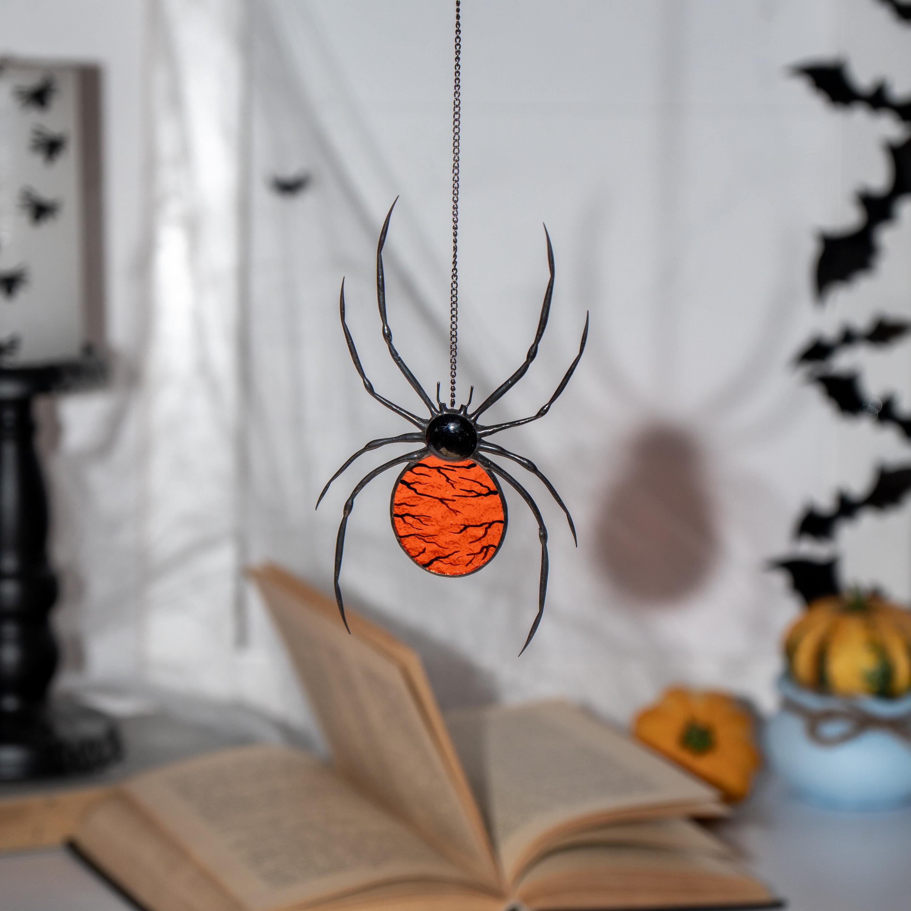 Jumping spider stained glass window hangings Halloween gifts Custom stained glass Halloween artwork Spider sign