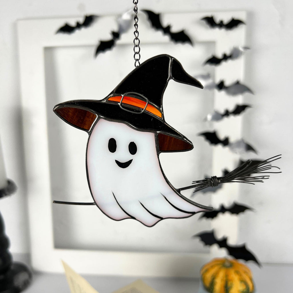 Halloween stained glass window hangings Ghost face Custom stained glass Halloween artwork Haunted items Halloween gift
